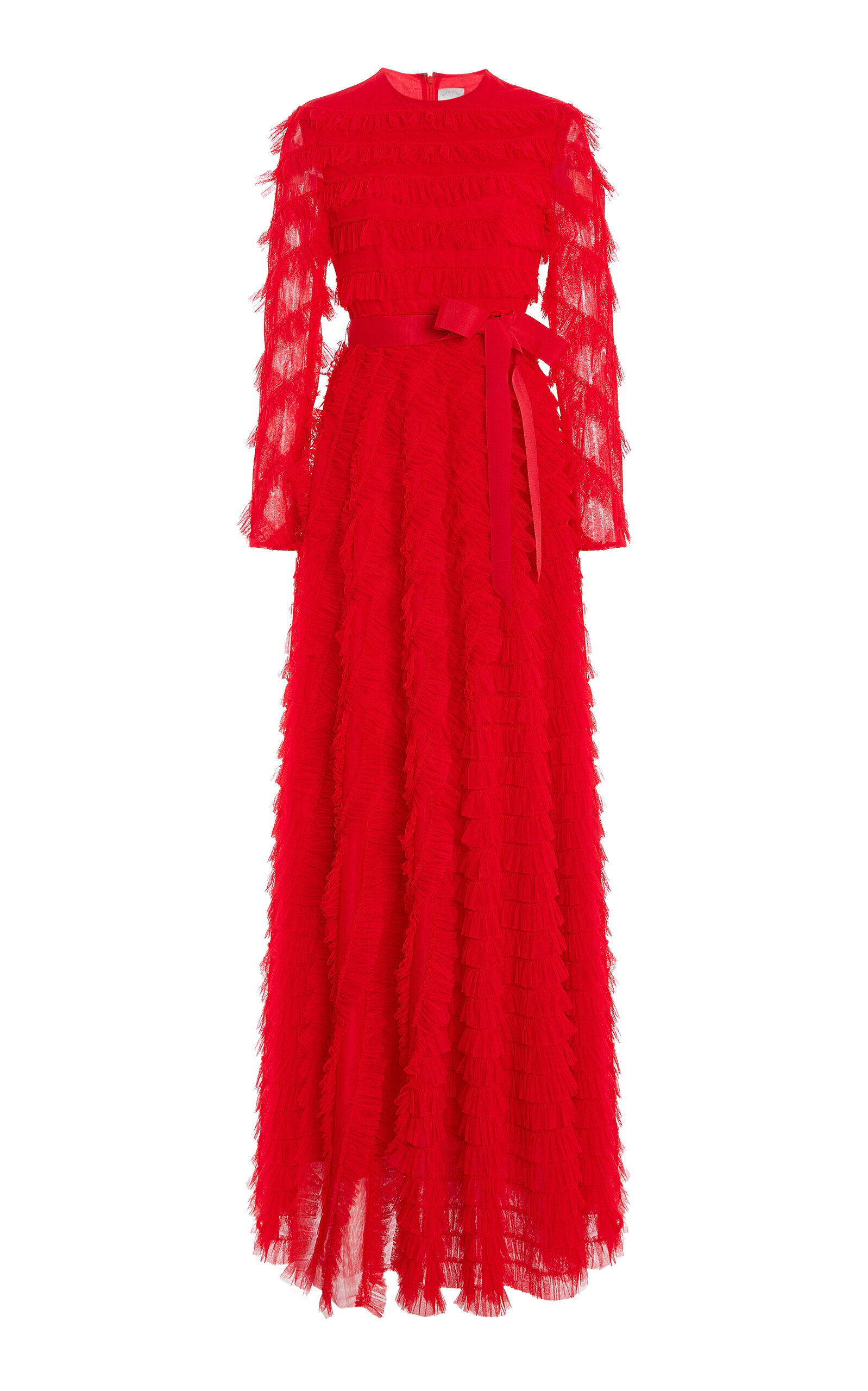 Huishan Zhang Gardenia Belted Tiered Gown In Red