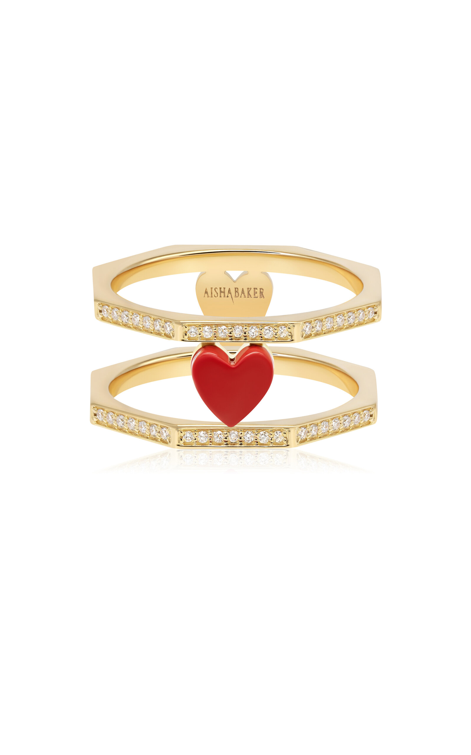 AISHA BAKER OPEN HEART 18K YELLOW GOLD DIAMOND AND ENAMEL RING