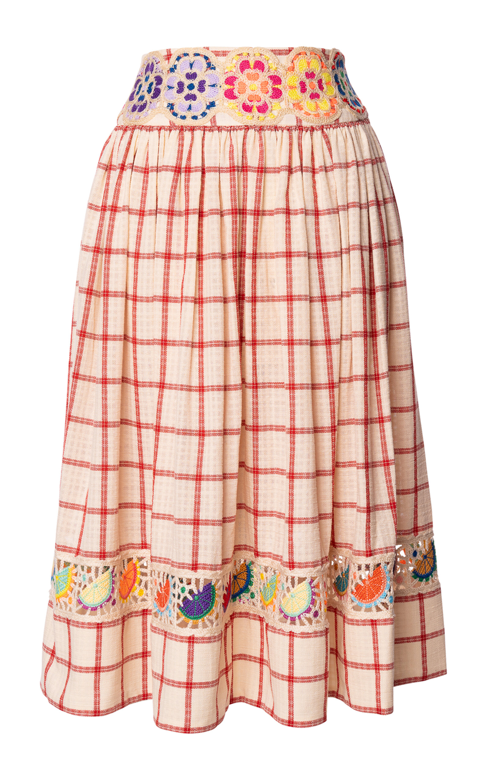 Lena Hoschek Cheeky Cotton Embroidered Plaid A-Line Midi Skirt