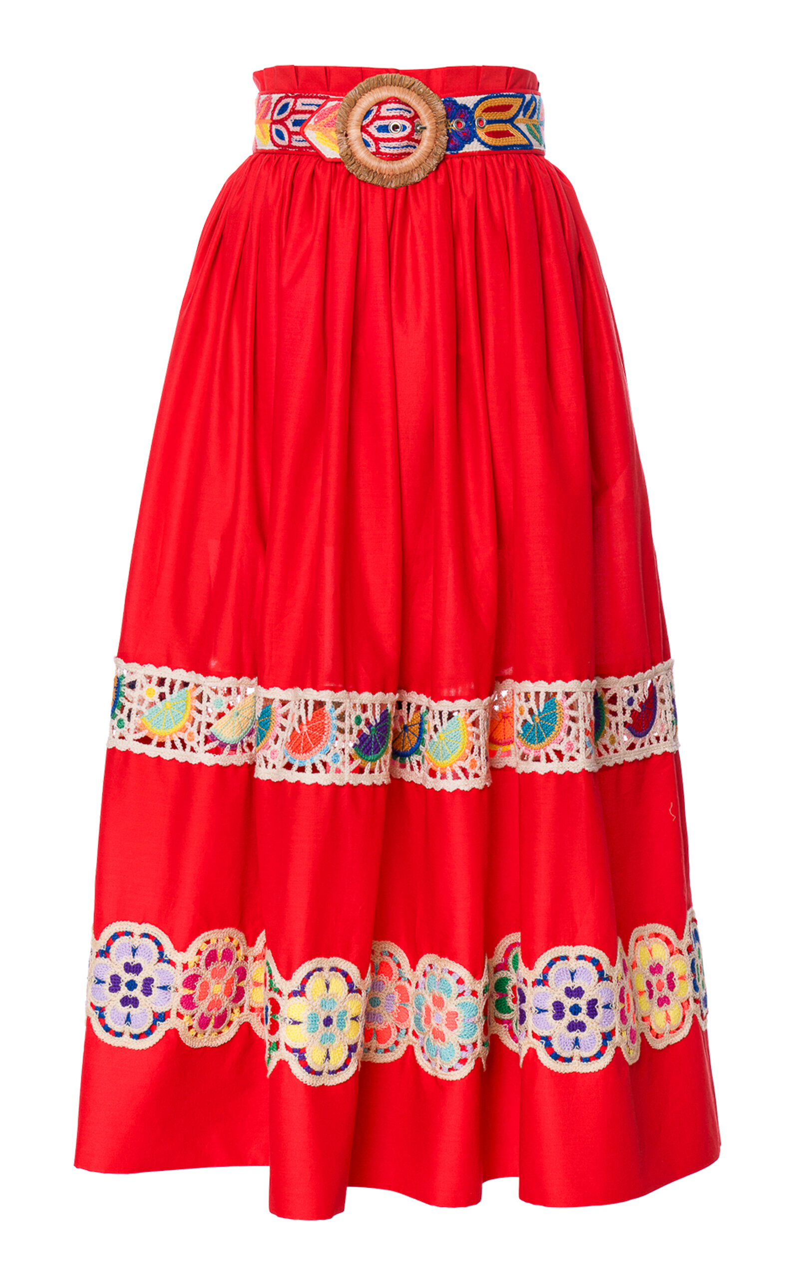 Lena Hoschek Paradise Cotton Embroidered A-Line Midi Skirt With Waistbelt