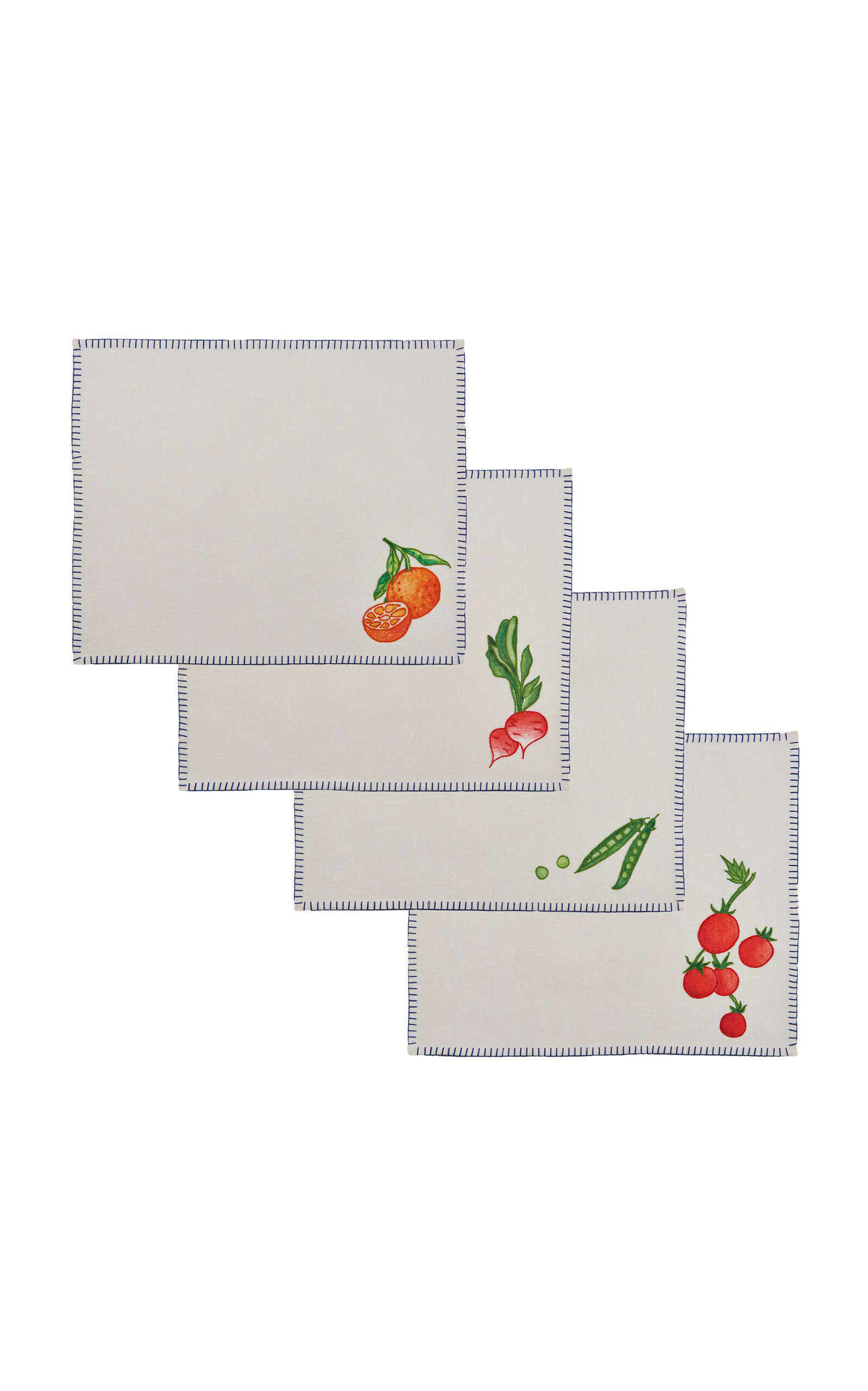 Misette Still Life Set-of-four Embroidered Linen Rectangular Placemats In Blue