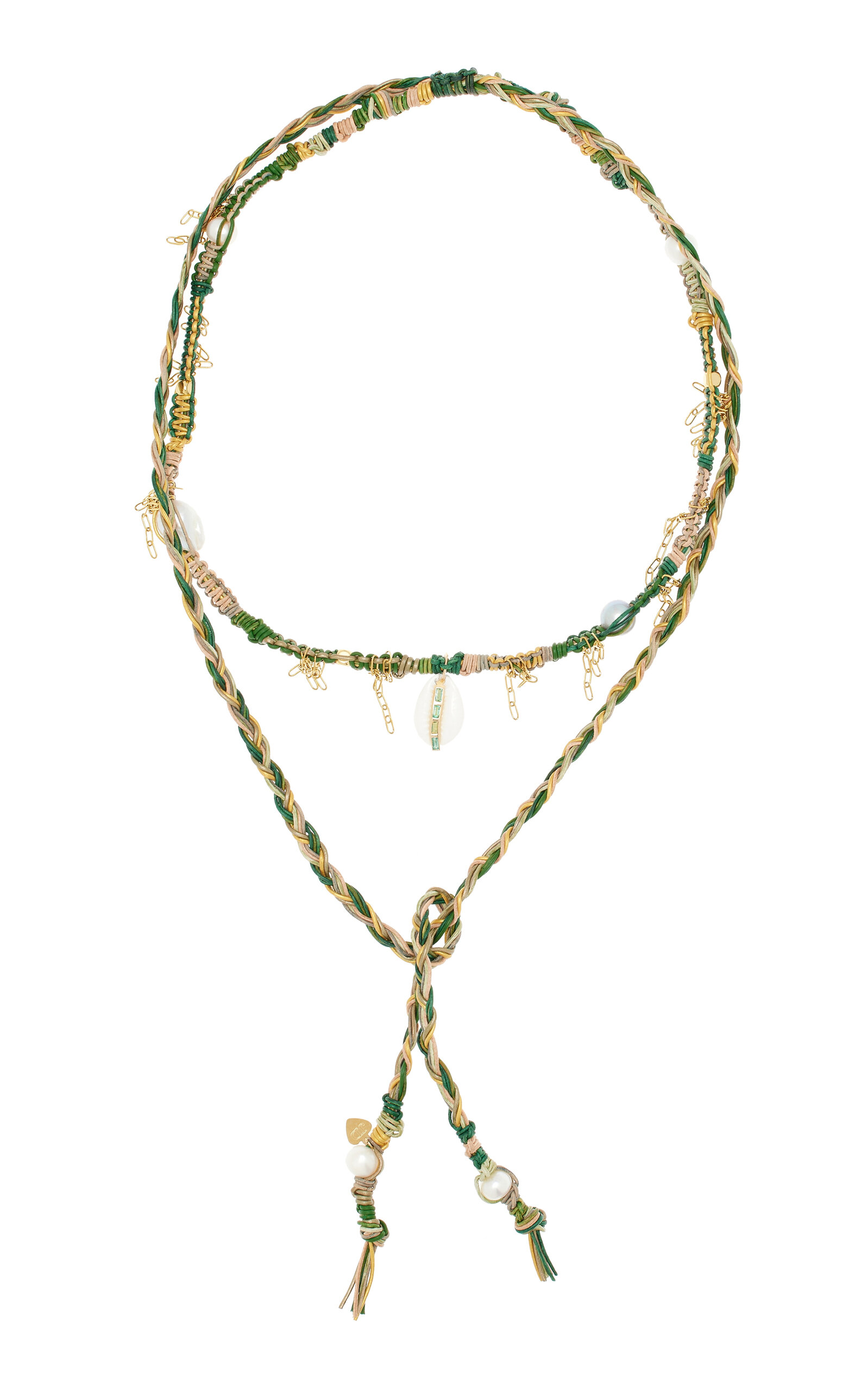 Green with Envy Emerald; Seashell; and Pearl Rockstar Leather Necklace