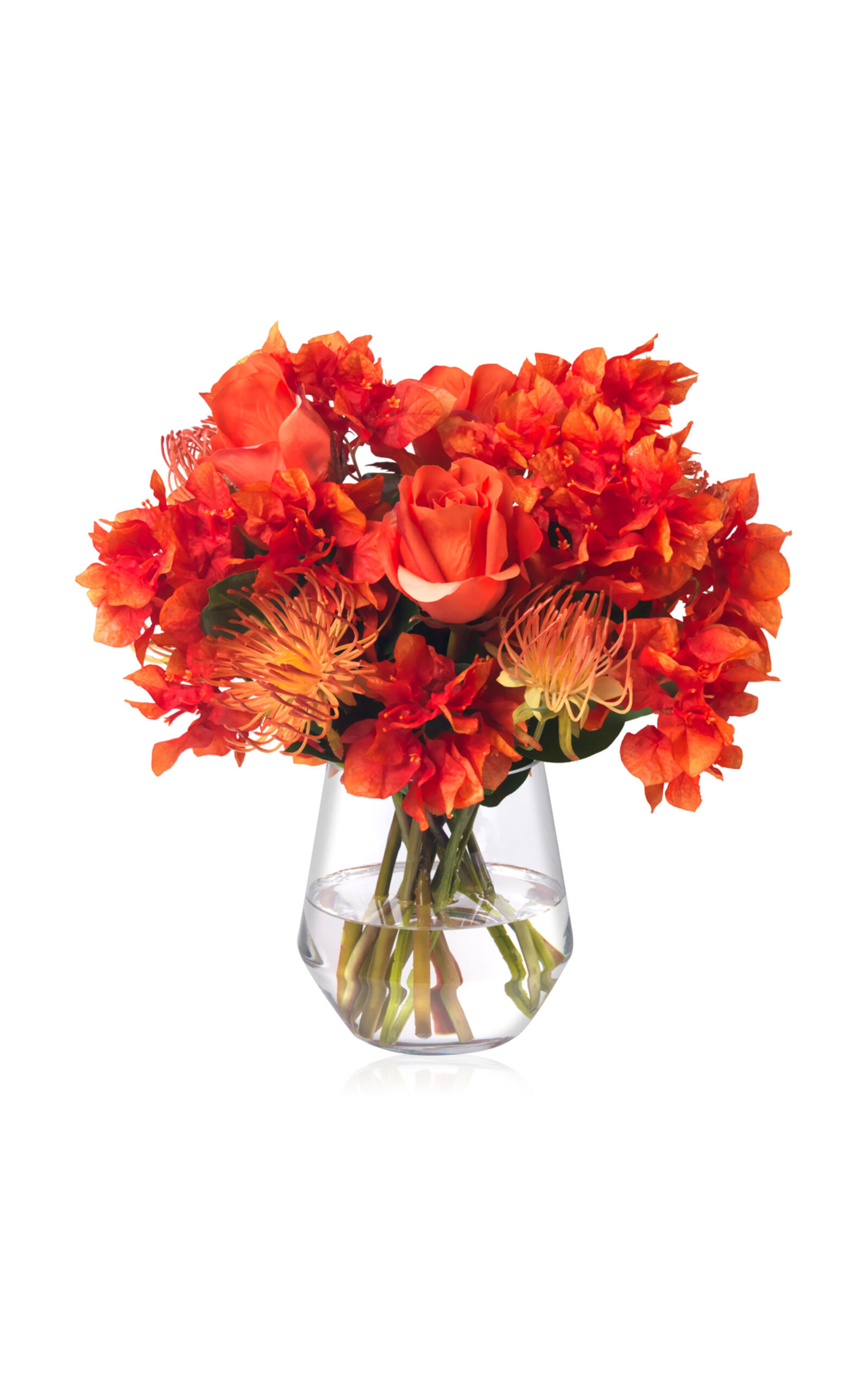 Diane James Designs Bougainvillea; Roses And Protea In Glass Vase In Orange
