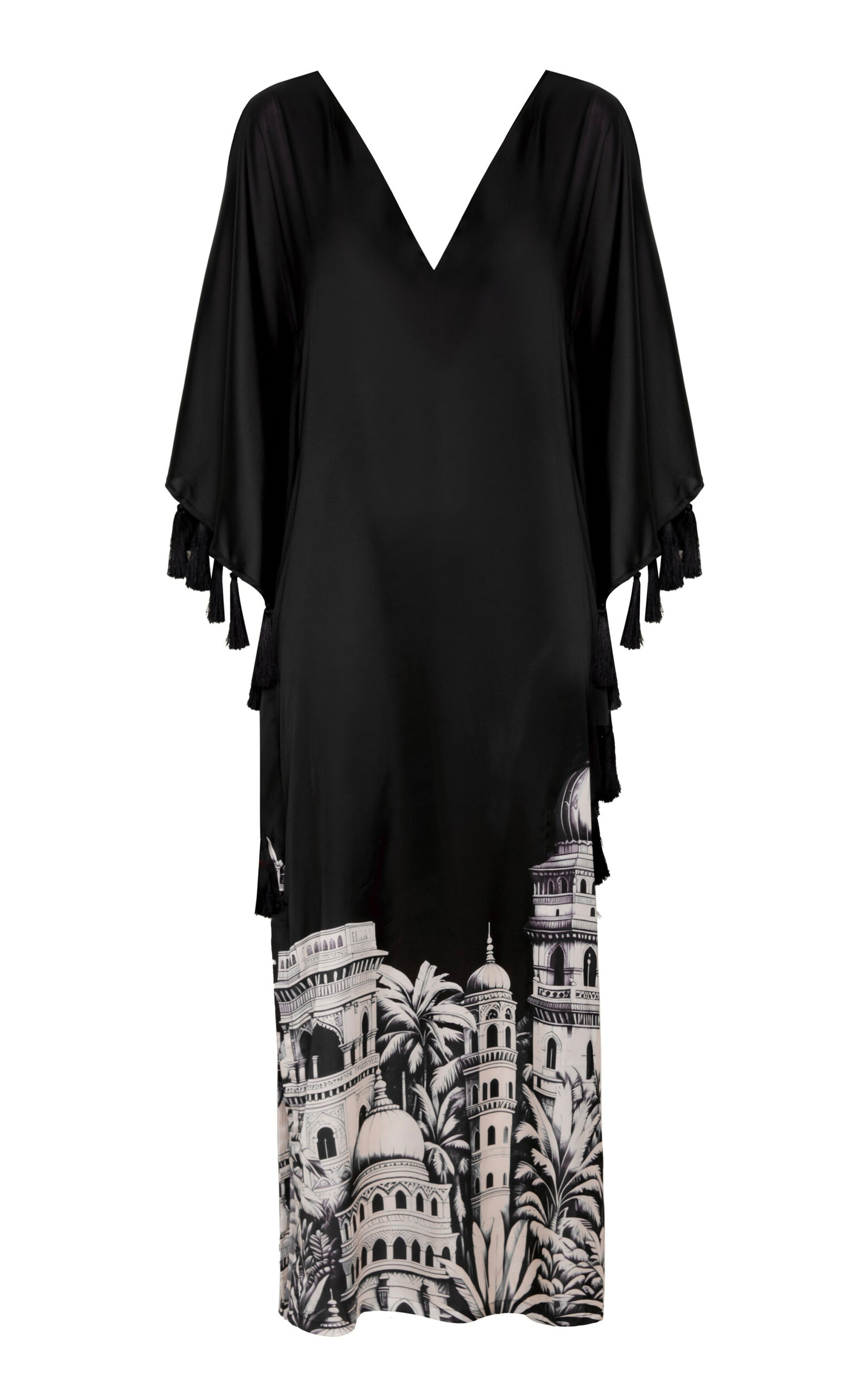 Andres Otalora Sona Tassel-embellished Satin Caftan Dress In Black,white