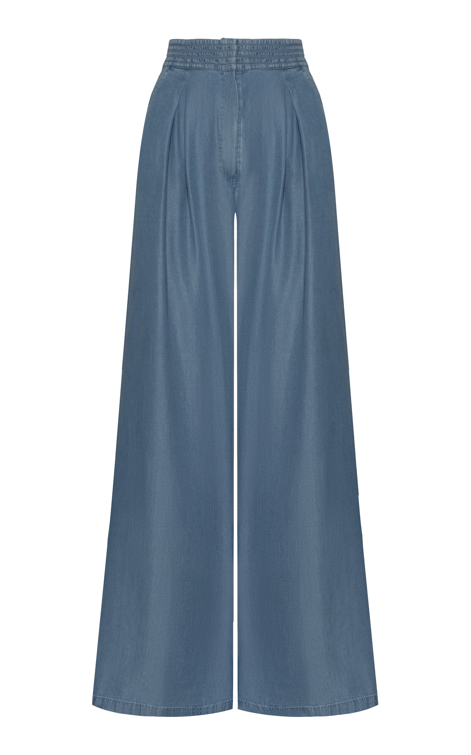 Andres Otalora Esencia Shirred Tencel Denim Wide-leg Pants In Navy