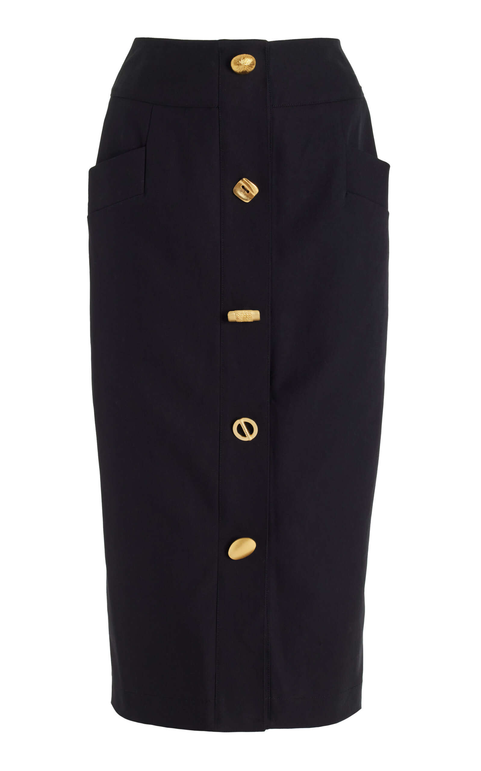 FRANÇOISE Exclusive Bijou Buttoned Cotton Gabardine Midi Pencil Skirt - Black