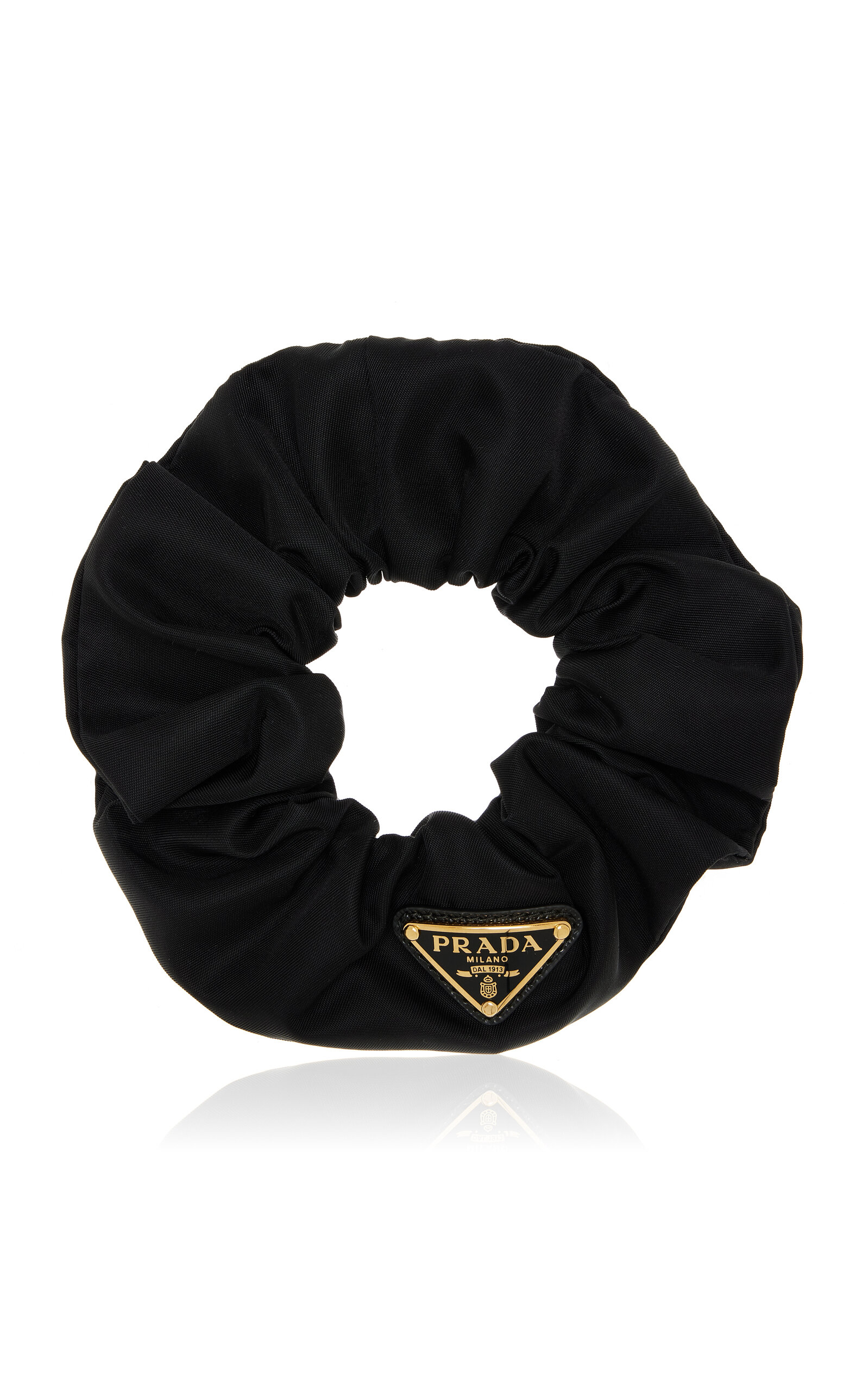 Prada Gathered Black Scrunchie With Triangular Logo Patch In Black