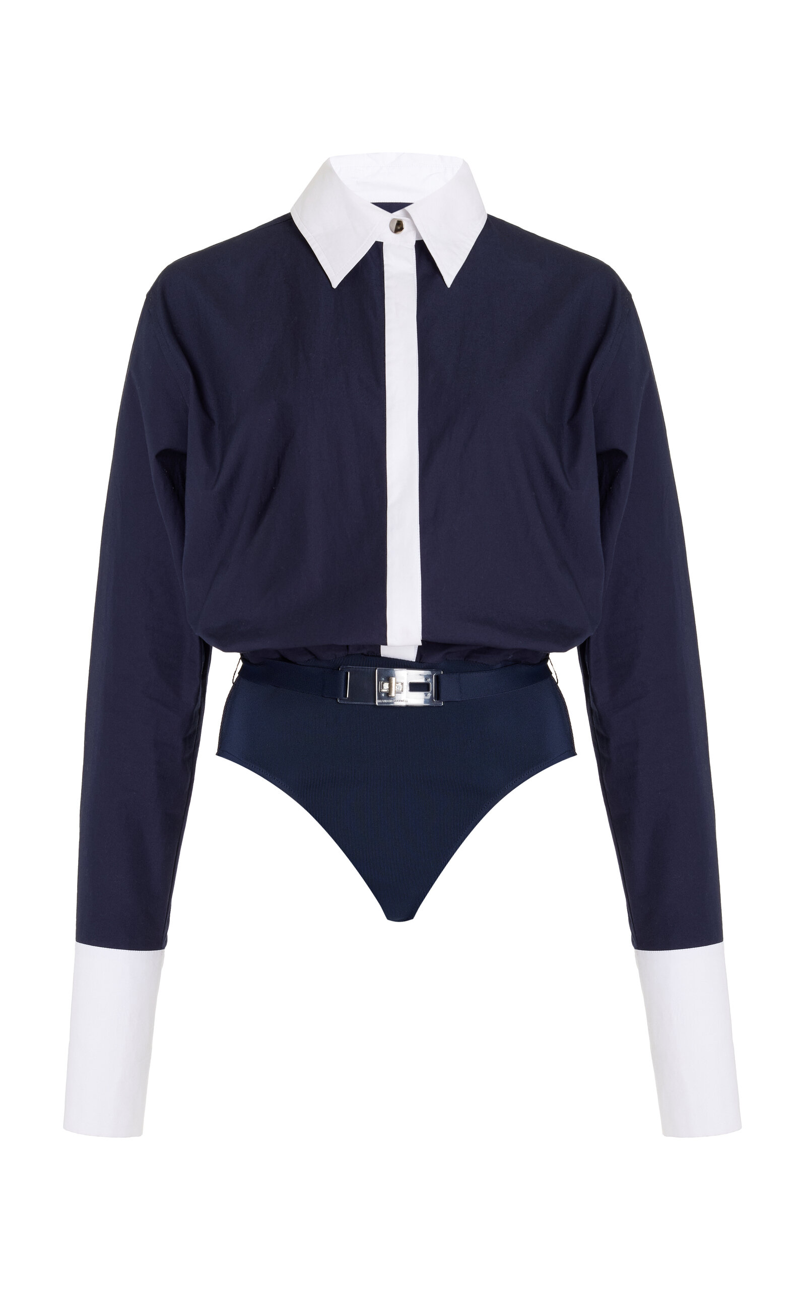 Brandon Maxwell Bradshaw Contrast-collar Poplin-knit Bodysuit In Navy