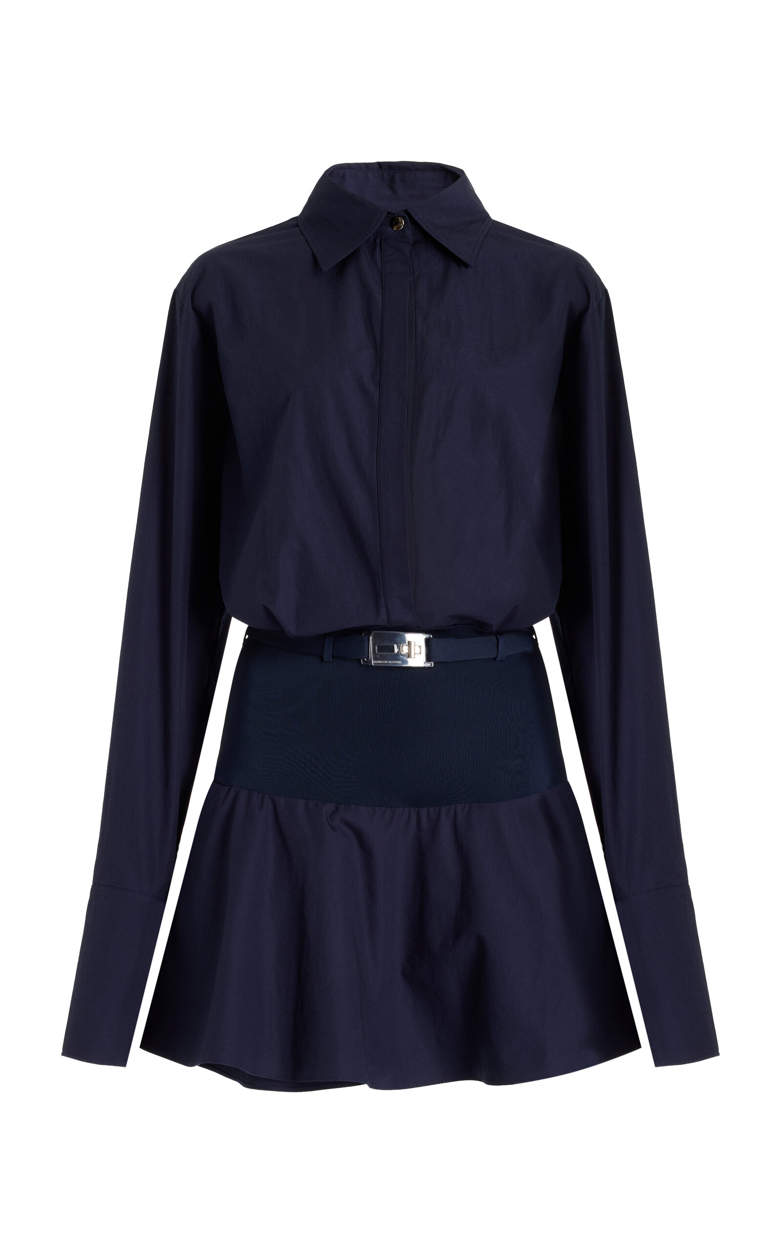 Brandon Maxwell The Irene Knit Yoke Cotton Mini Shirt Dress In Navy