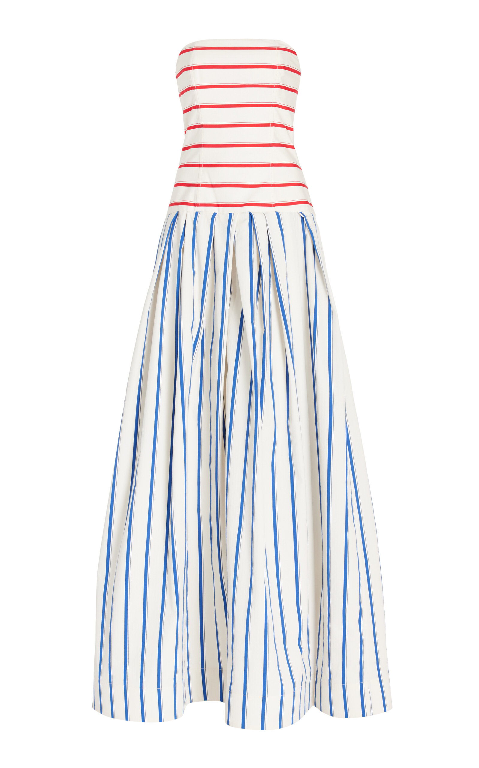 Shop Rosie Assoulin Strapless Striped Cotton Drop-waist Gown