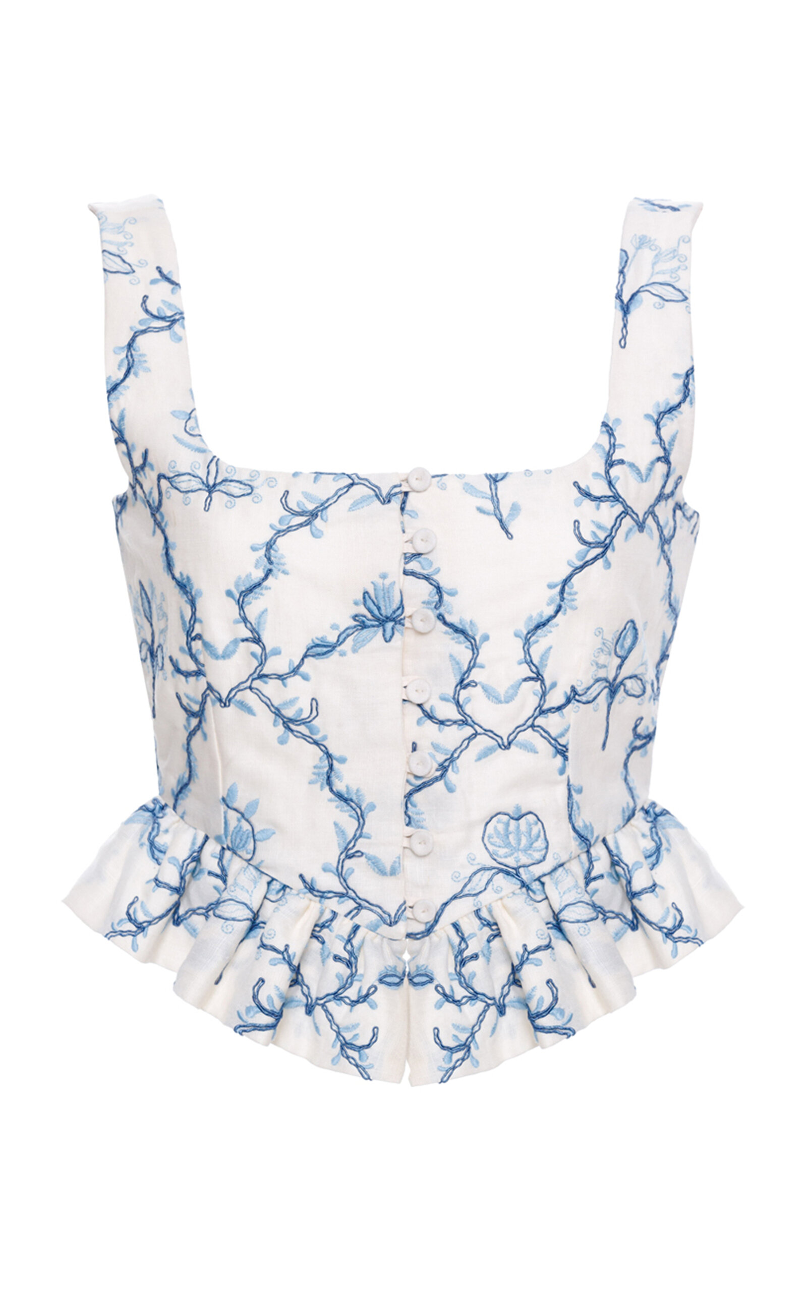 Agua by Agua Bendita Eslabon Floral Ruffled Linen Top - White