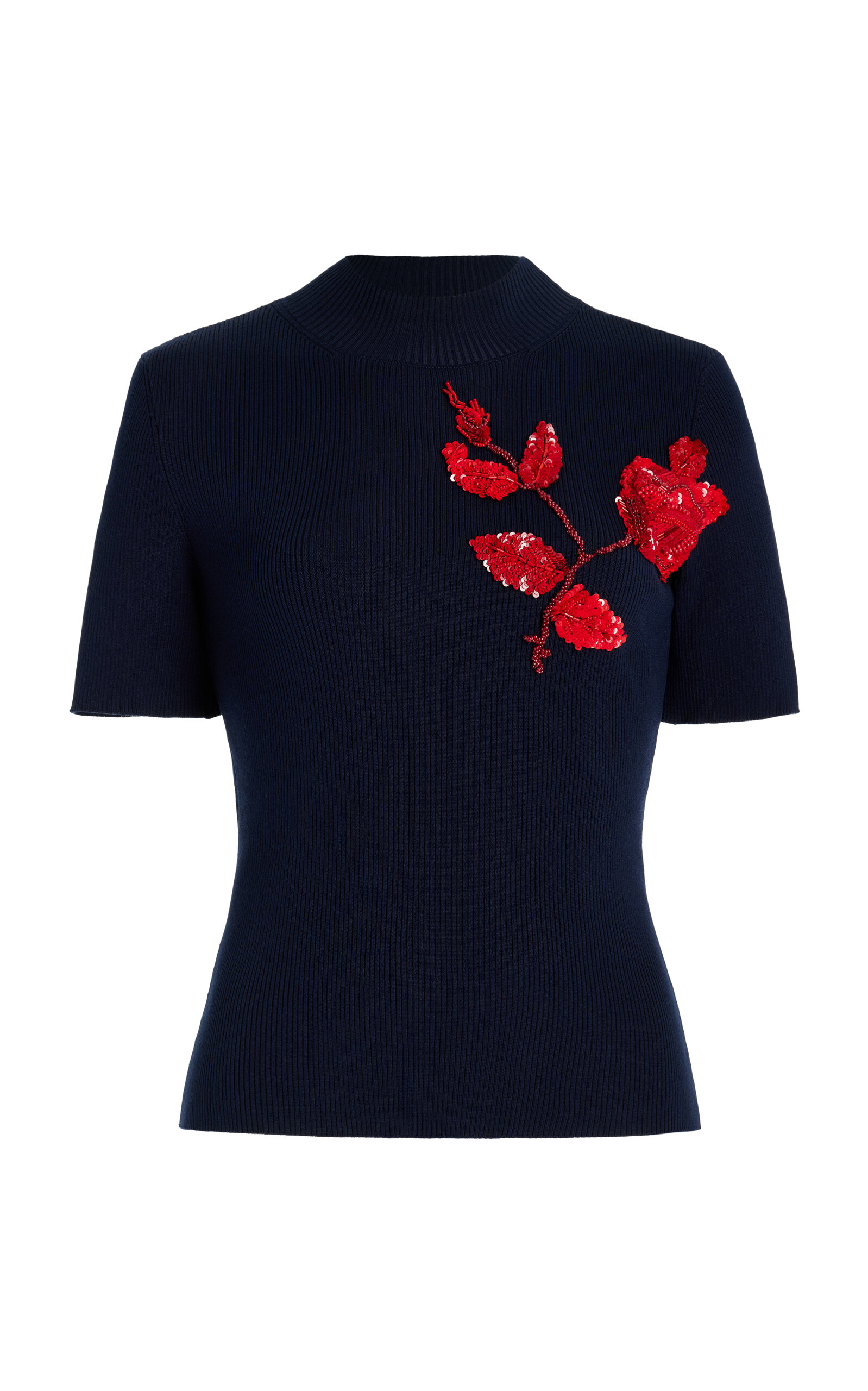 Oscar de la Renta Sequined Ribbed-Knit Silk Top