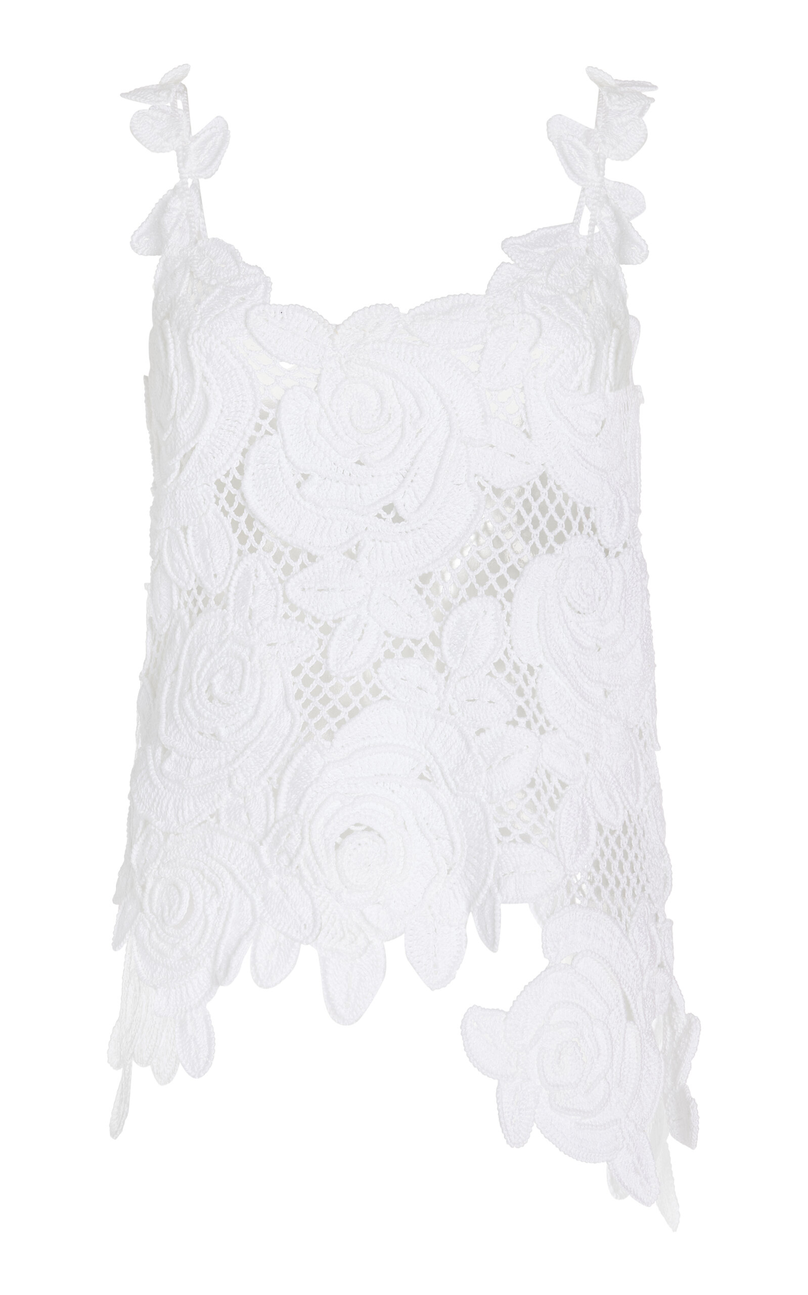 Oscar De La Renta Rose Crochet Mesh Asymmetric Tank Top In White