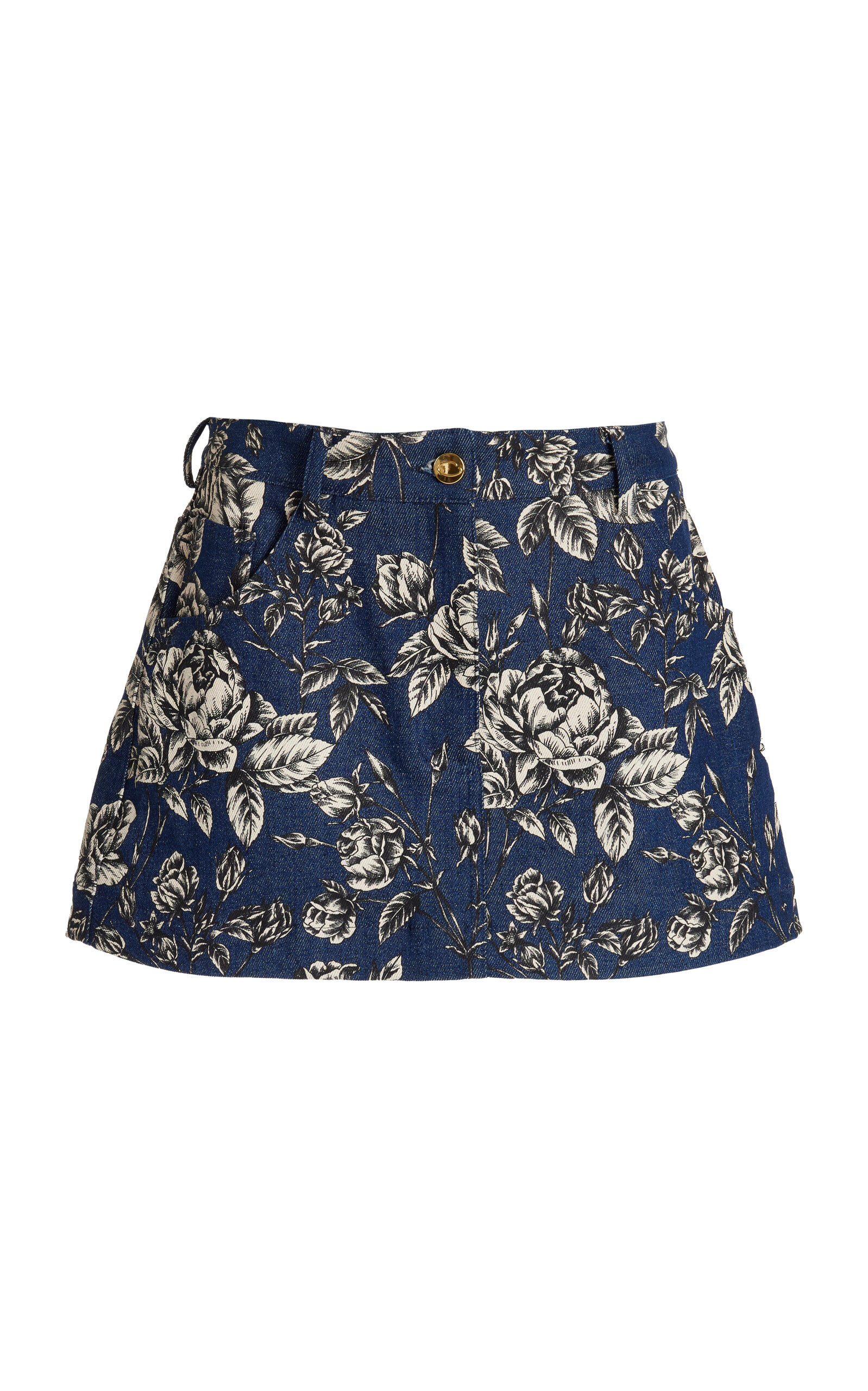 Shop Oscar De La Renta Printed Stretch-denim Mini Skirt In Dark Wash