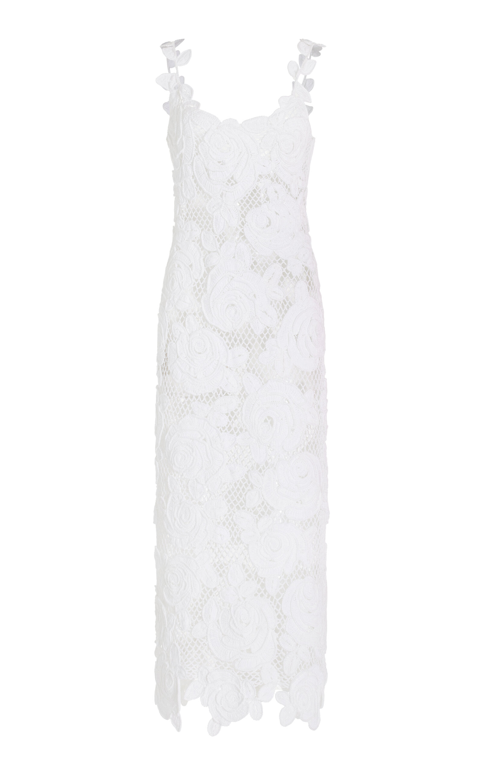 Oscar De La Renta Rose-embroidered Crochet-knit Midi Dress In White