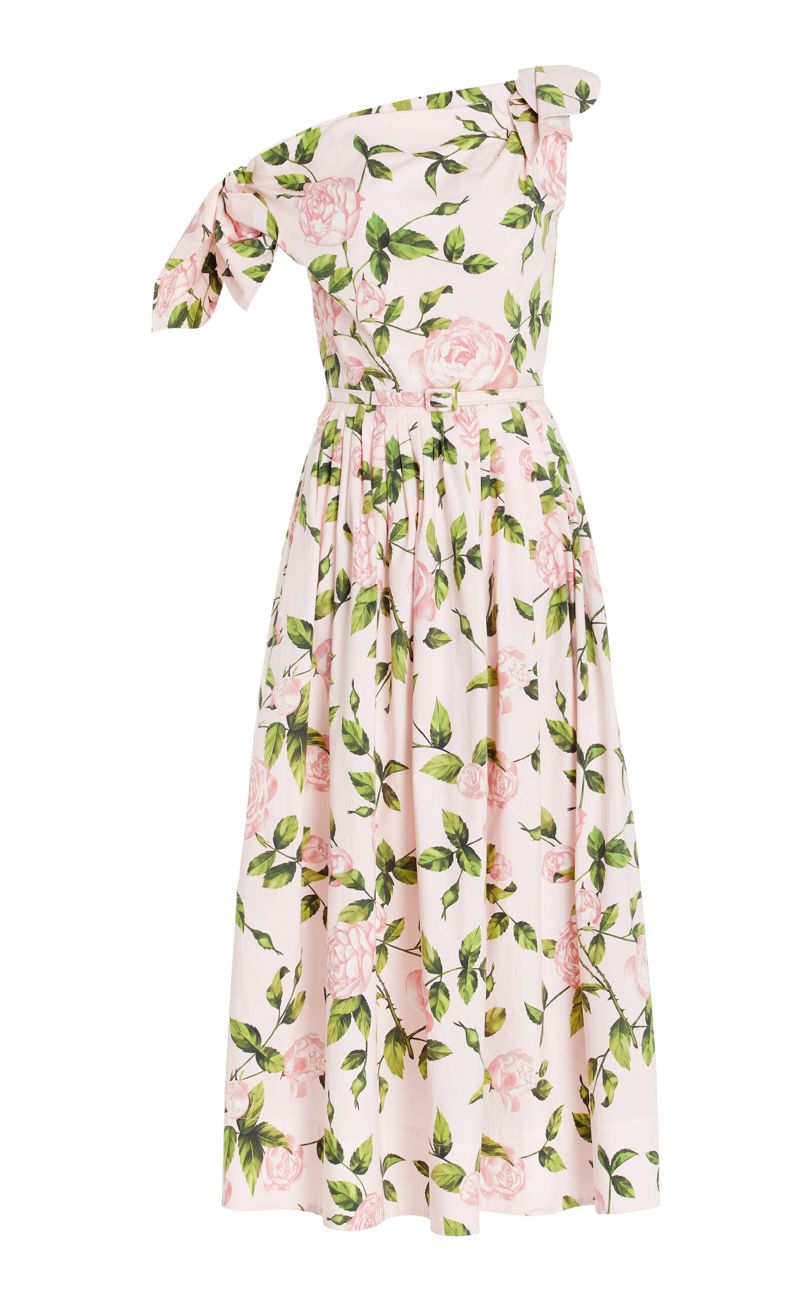 Oscar De La Renta Tie Off-the-shoulder English Roses Poplin Midi Dress In Light Pink