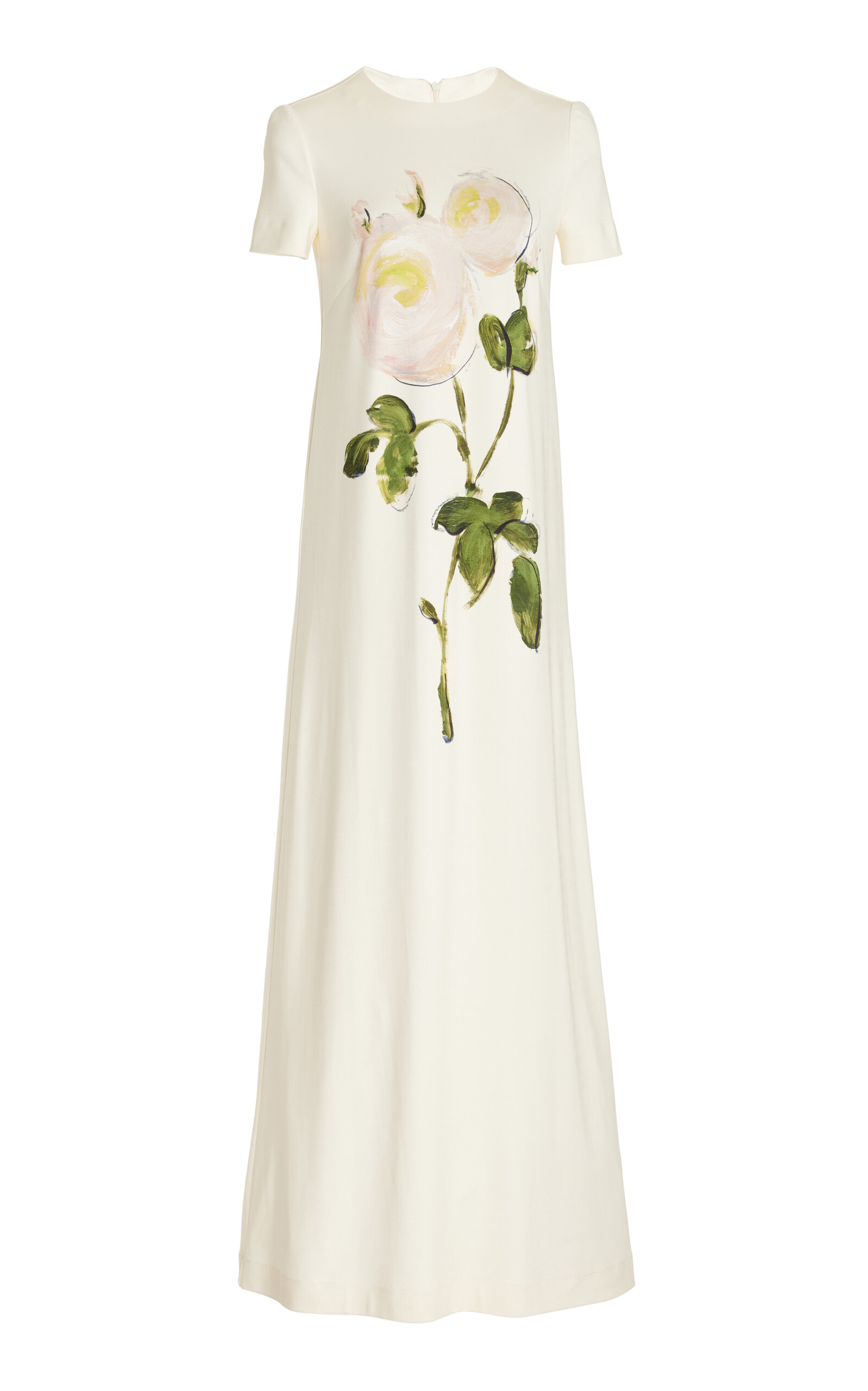 Oscar De La Renta Painted White Roses Jersey Short-sleeve Maxi Dress In Ivory