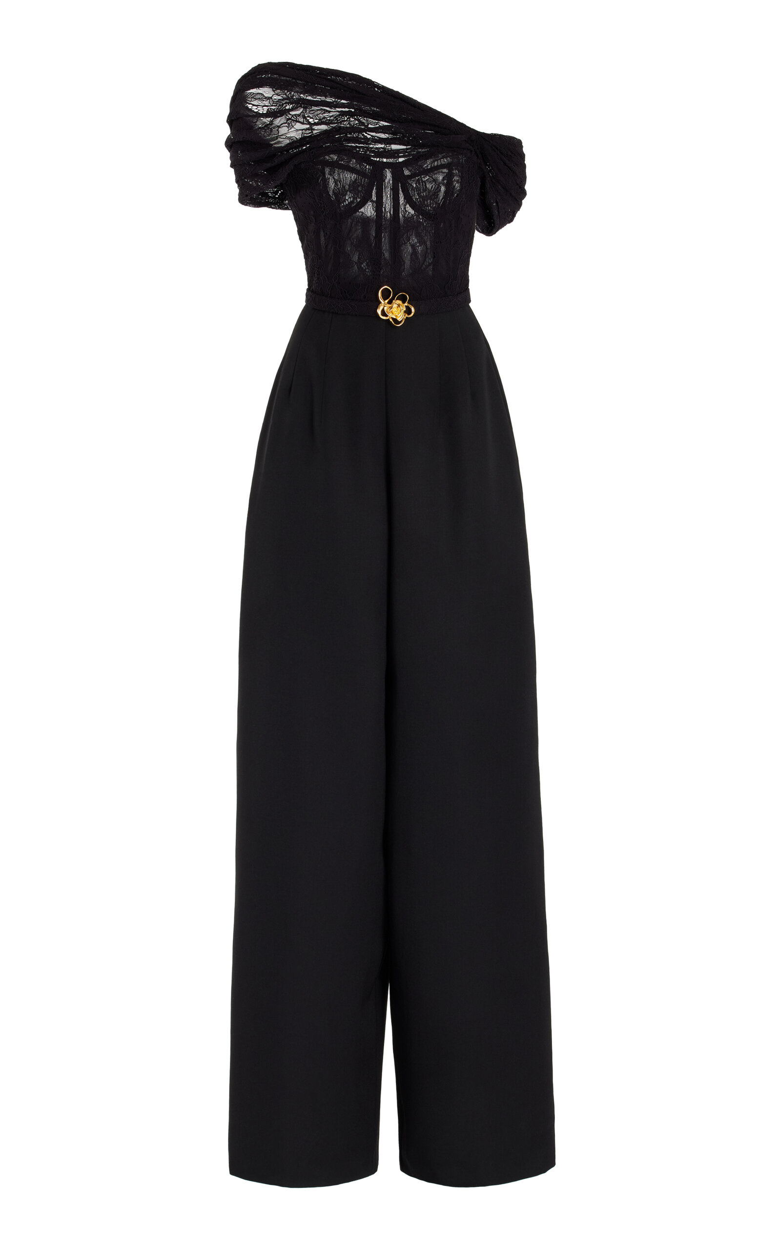 Shop Oscar De La Renta Lace-trimmed Grain De Poudre Wool Jumpsuit In Black