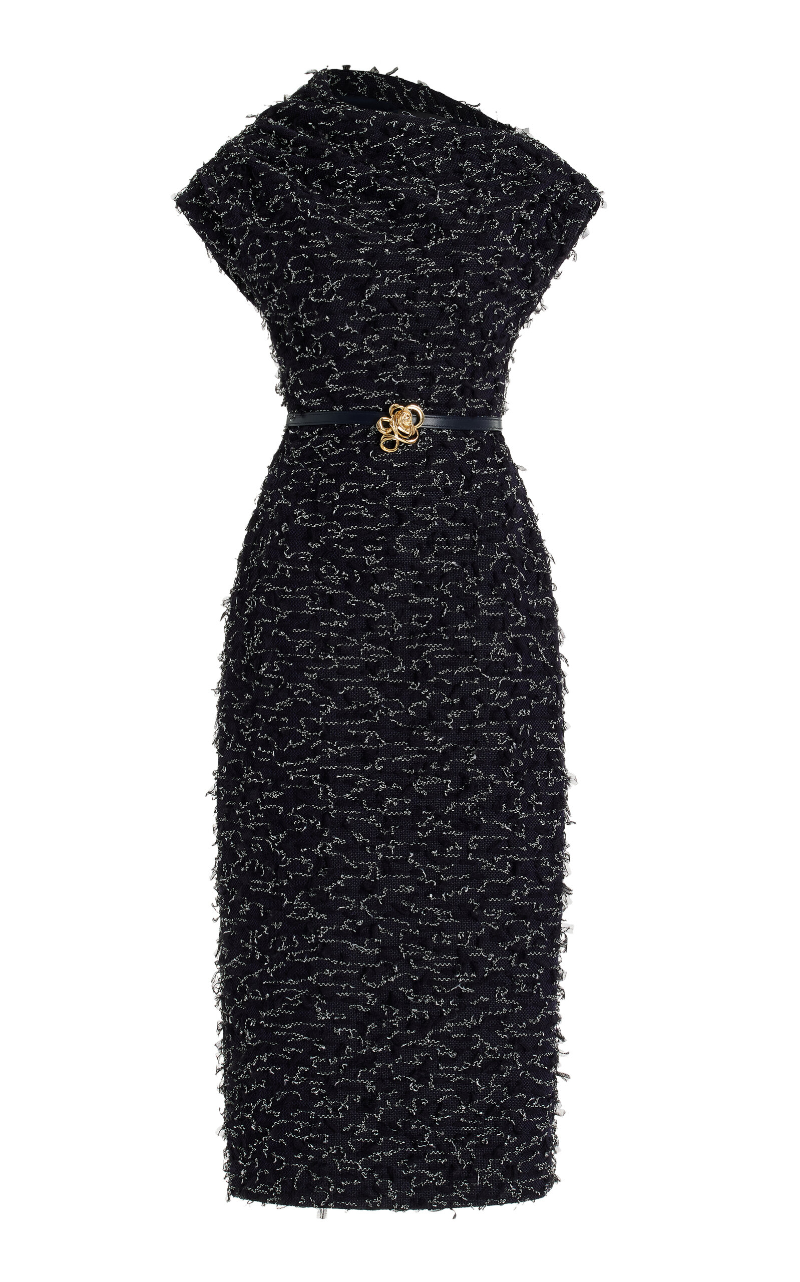 Oscar De La Renta Draped Eyelash Tweed Midi Dress In Navy
