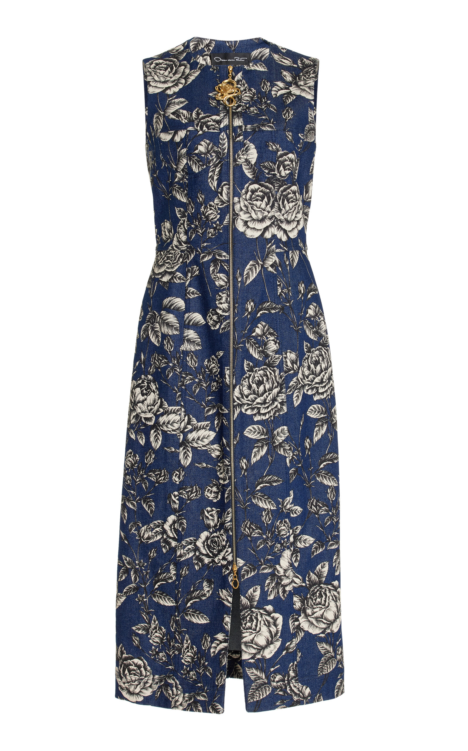 OSCAR DE LA RENTA PRINTED STRETCH-DENIM MIDI DRESS 
