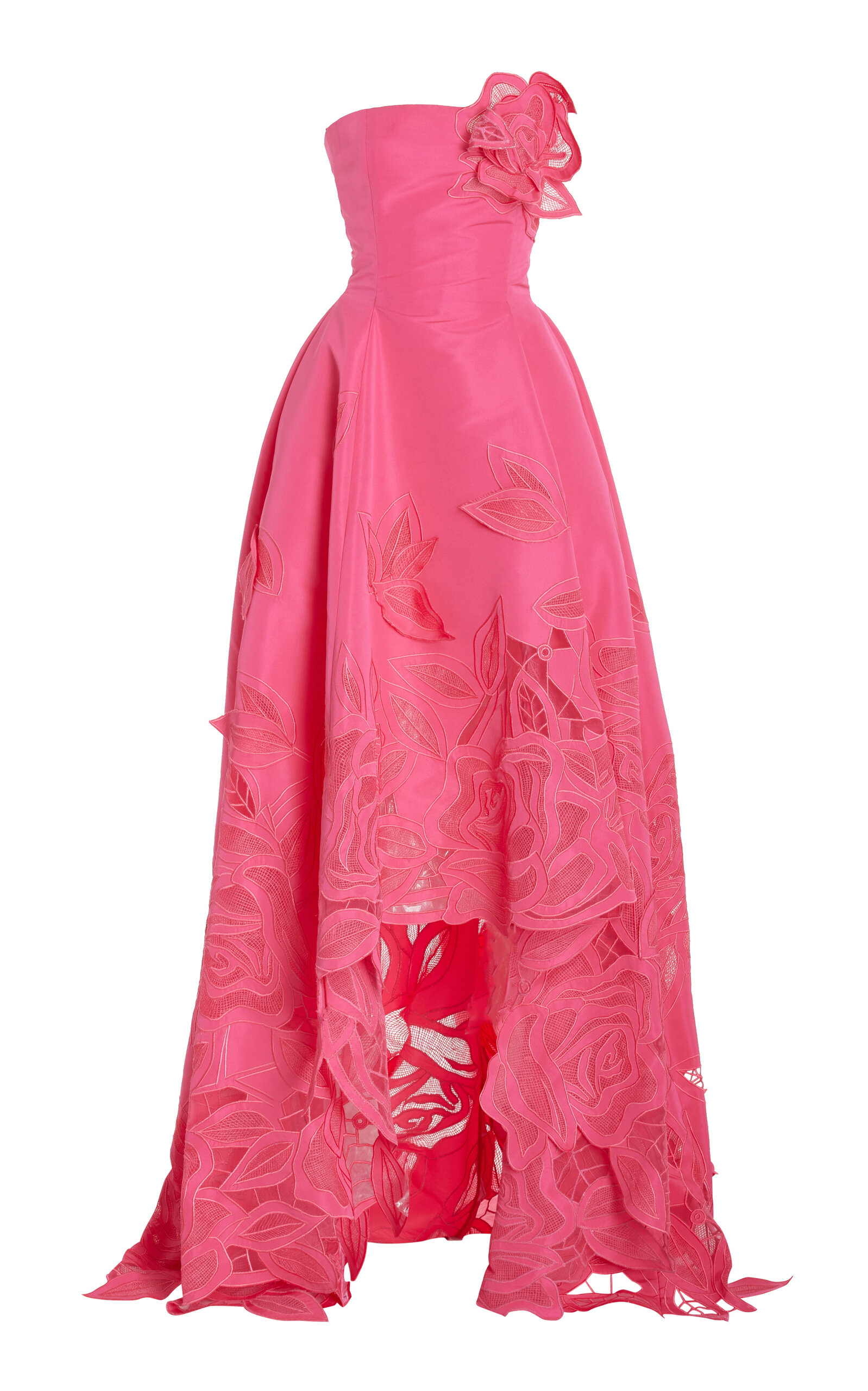 Shop Oscar De La Renta Strapless Threadwork Cut Out Roses Hi Low Gown In Fuchsia