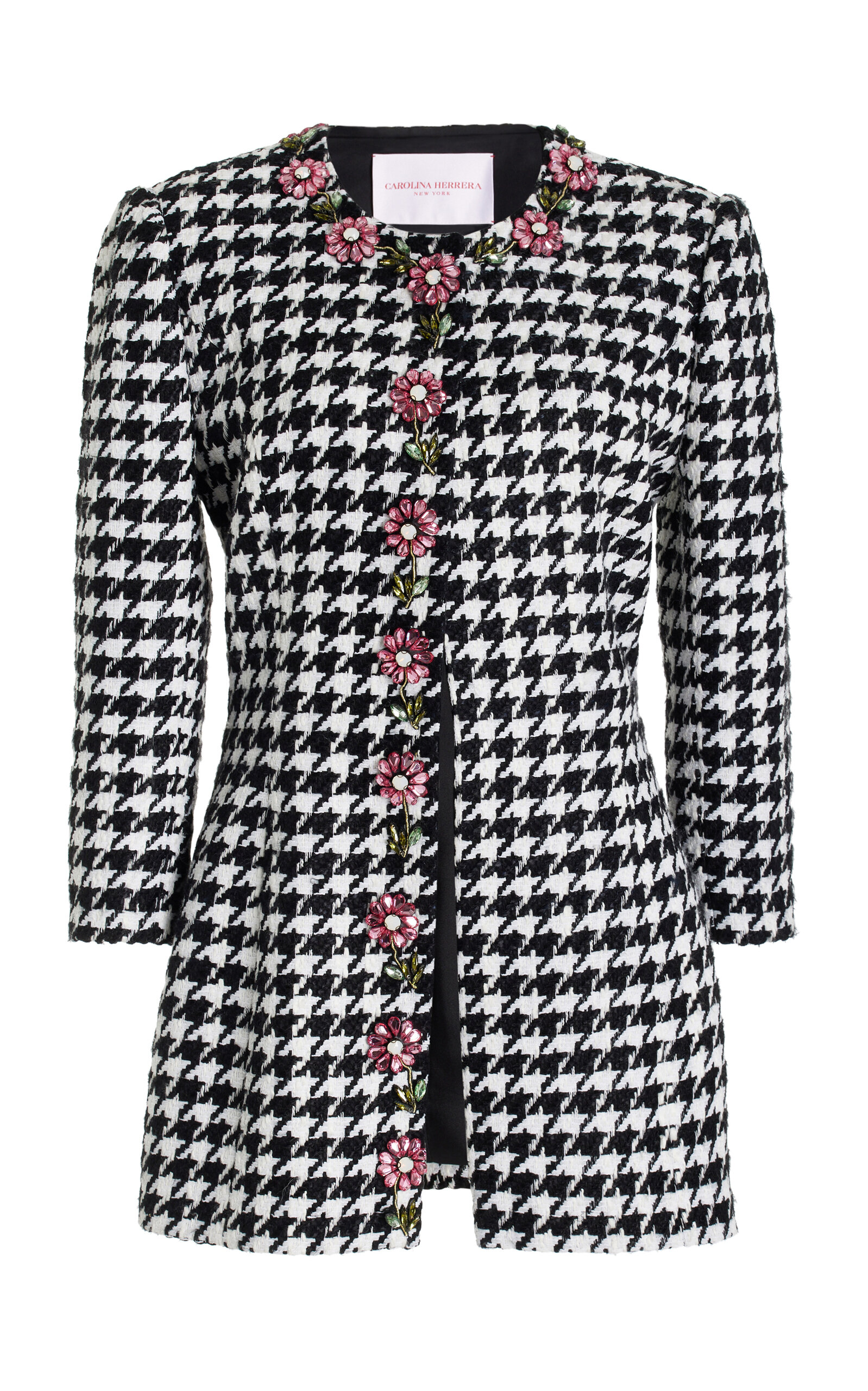 Carolina Herrera Embellished Houndstooth Linen-Blend Jacket - Black/white