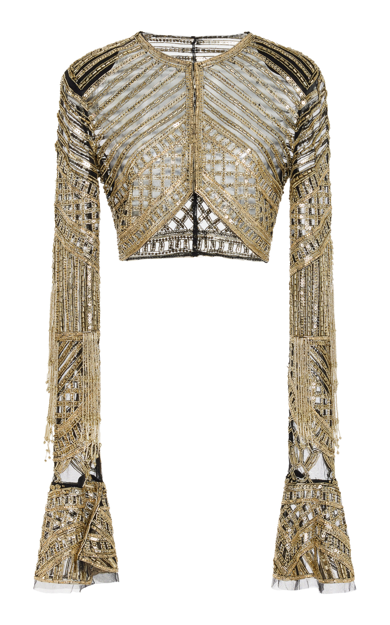Cucculelli Shaheen Embellished Woven Tulle Crop Top - Gold