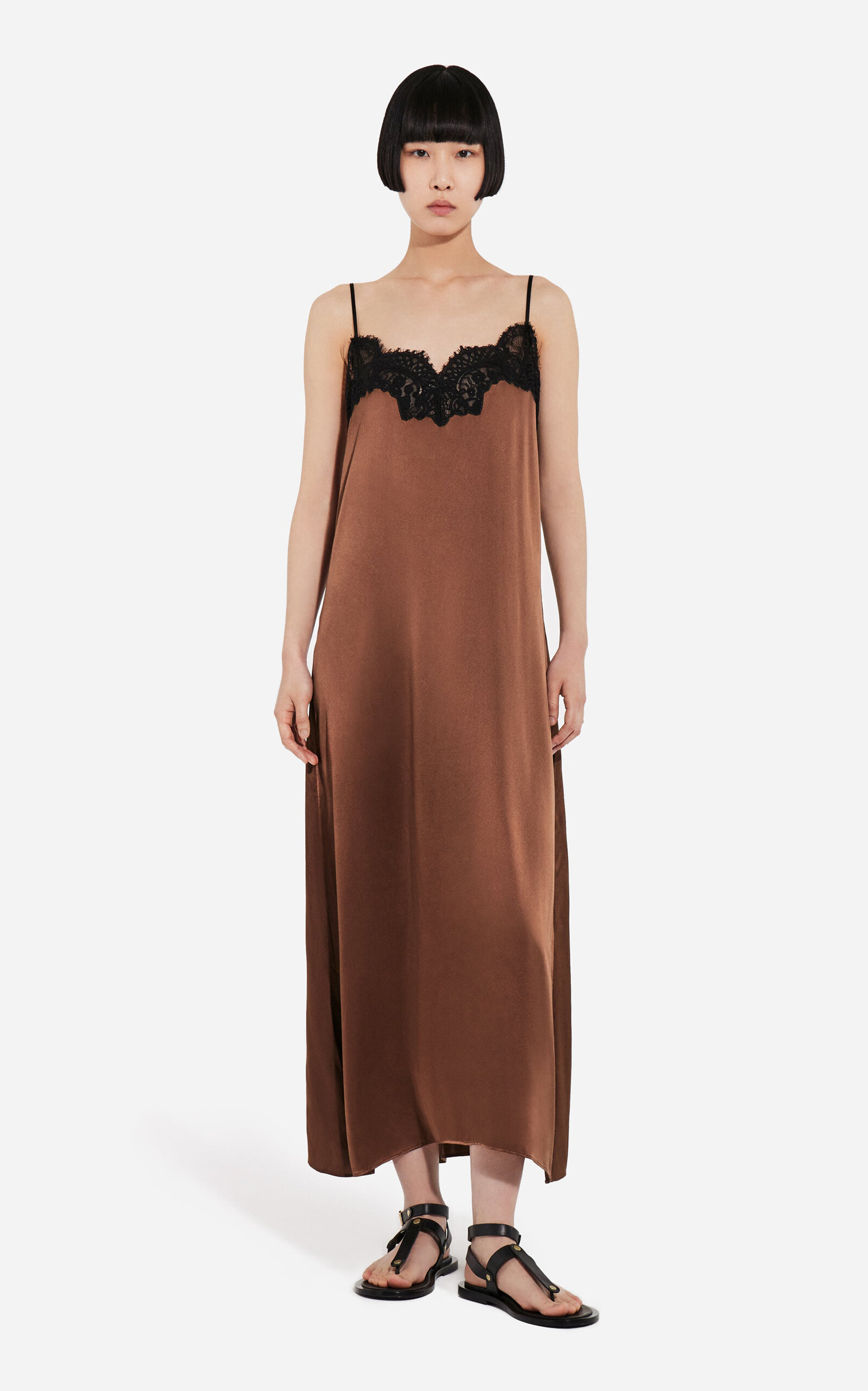 Co Lace Silk Satin Slip Dress In Brown