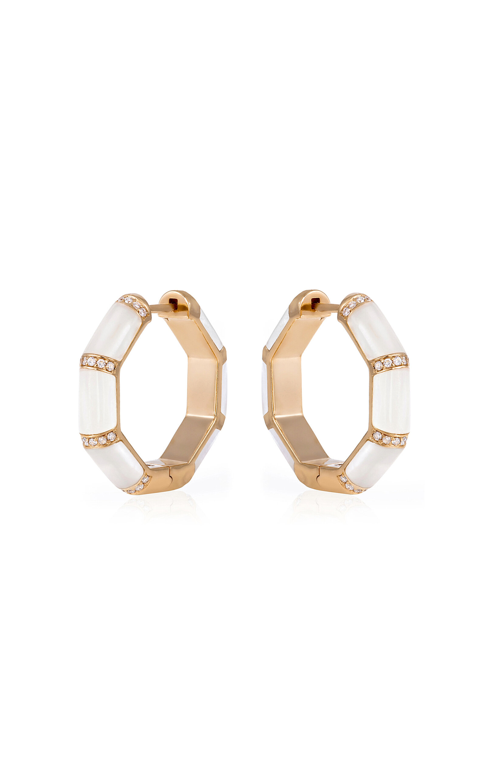 Bamboo 18K Yellow Gold Mother-of-Pearl; Diamond Hoop Earrings
