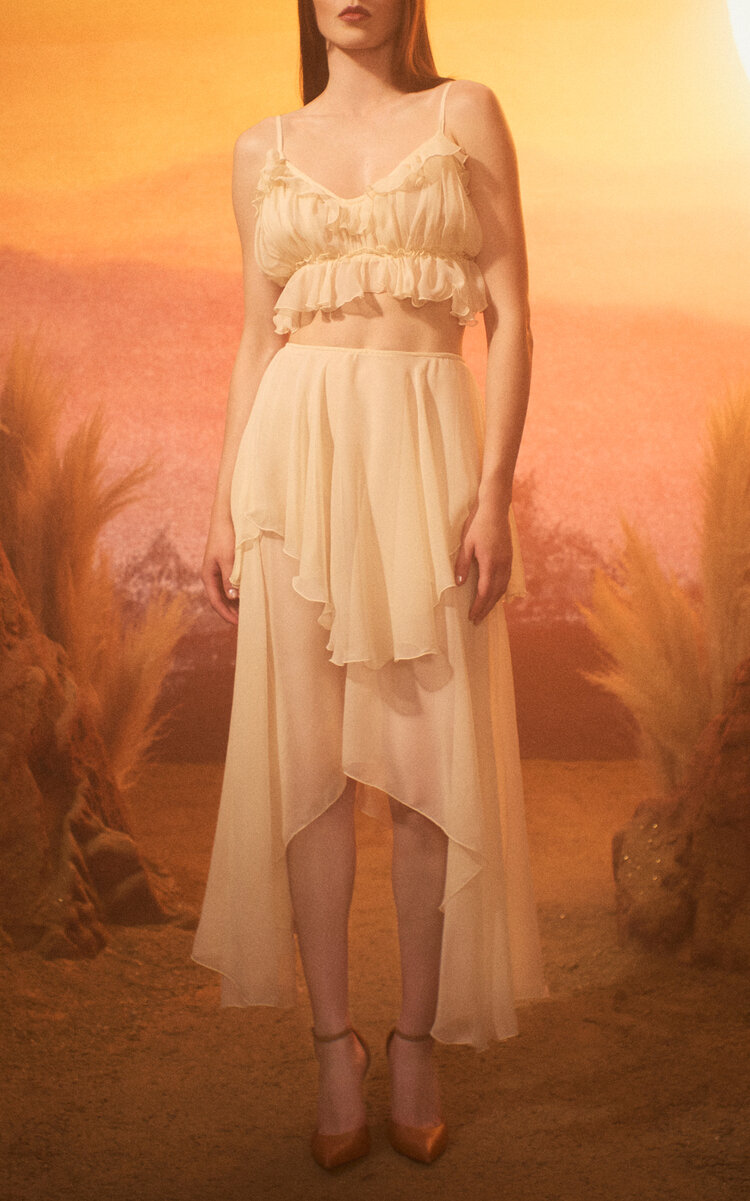 Rodarte Ruffled Silk Chiffon Midi Skirt In Off-white