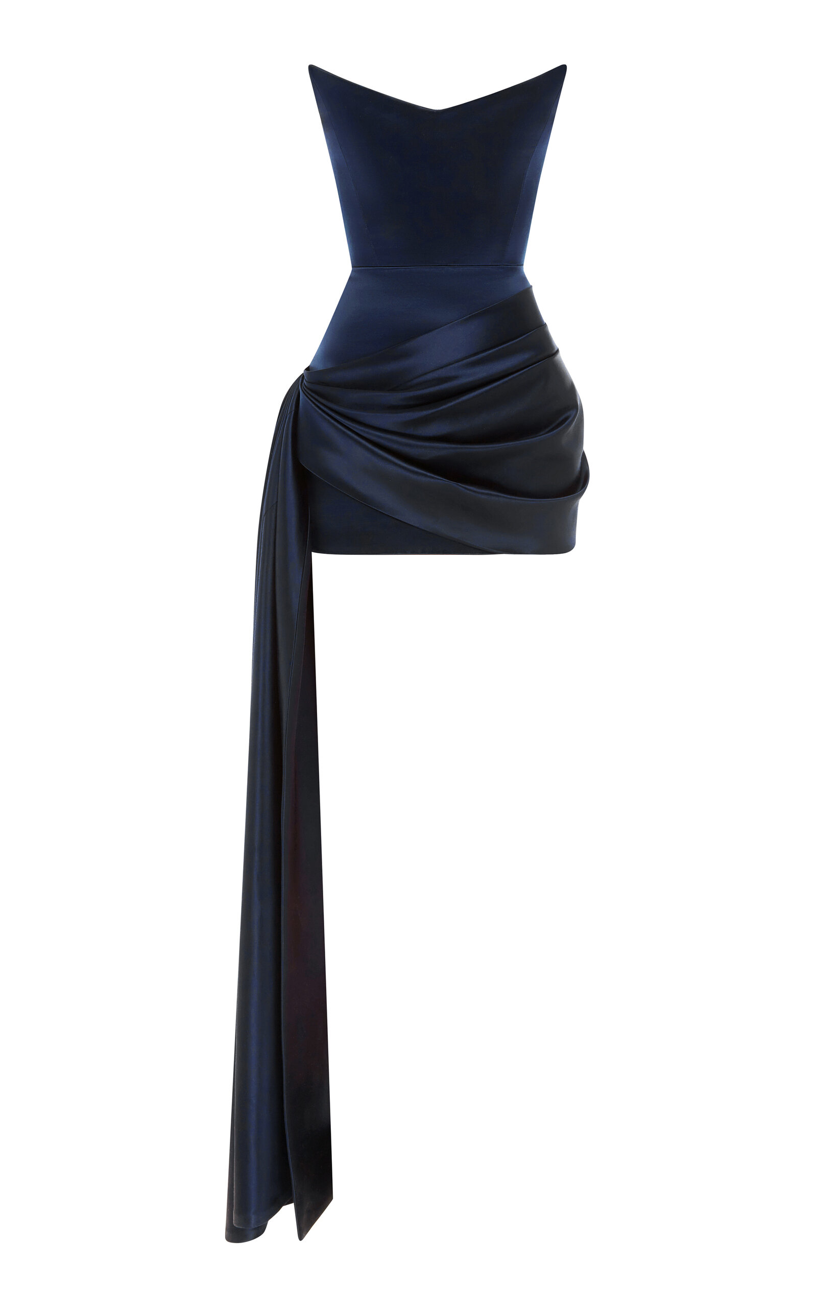 Alex Perry Strapless Corset Satin Mini Dress With Draped Panel In Navy