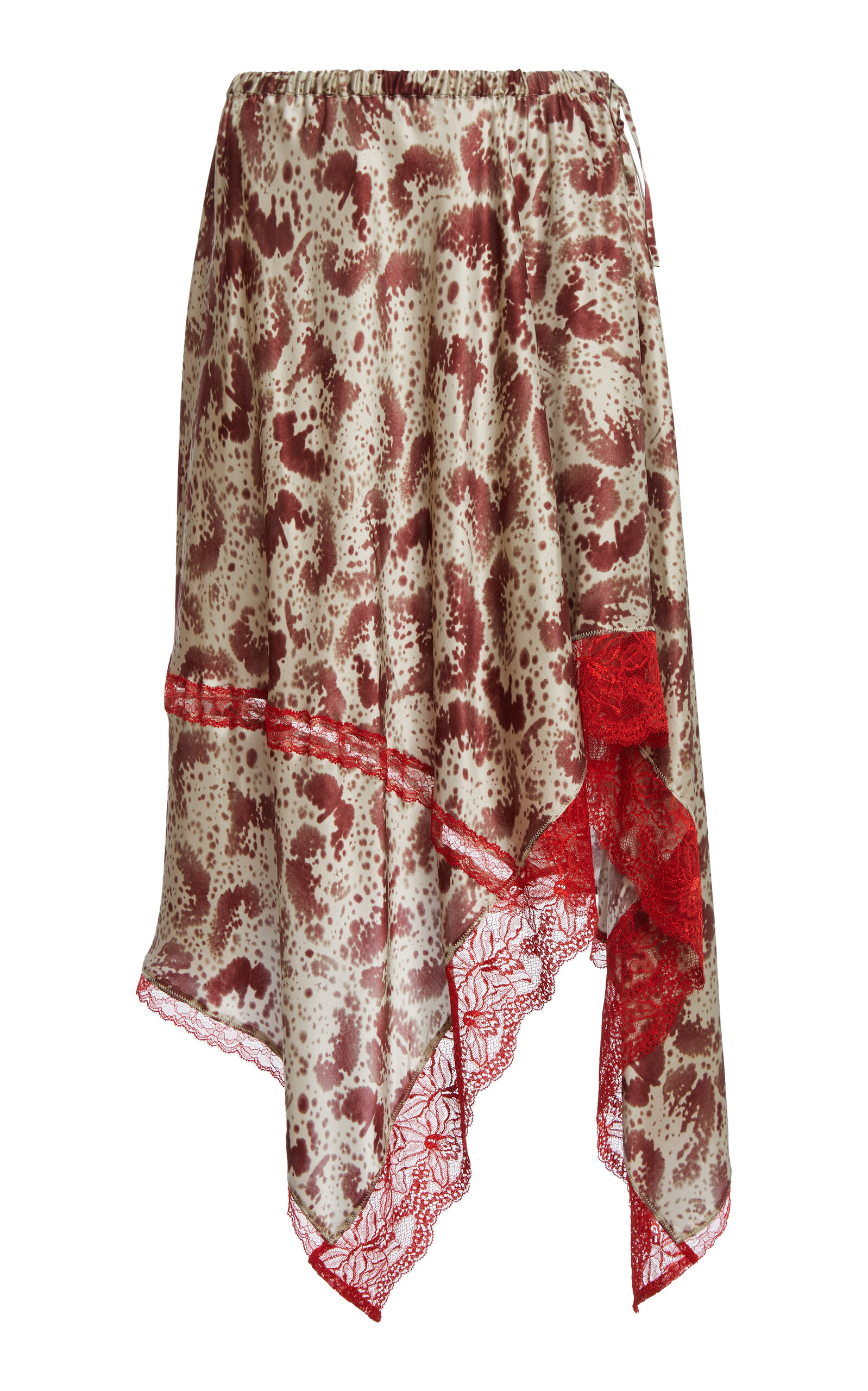 Dries Van Noten Shake Printed Lace-trim Handkerchief Silk Skirt In Burgundy