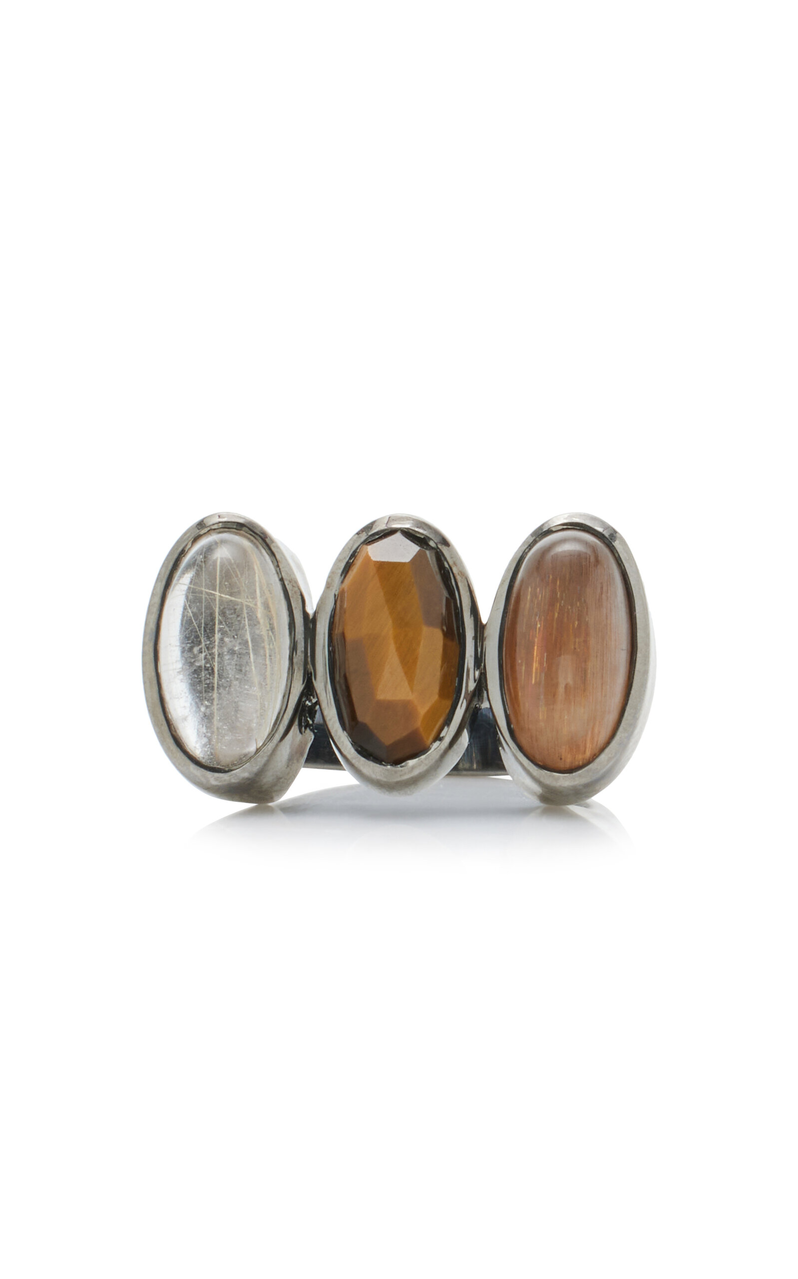 Nakard Triple Elliptic Sterling Silver Quartz And Moonstone Ring