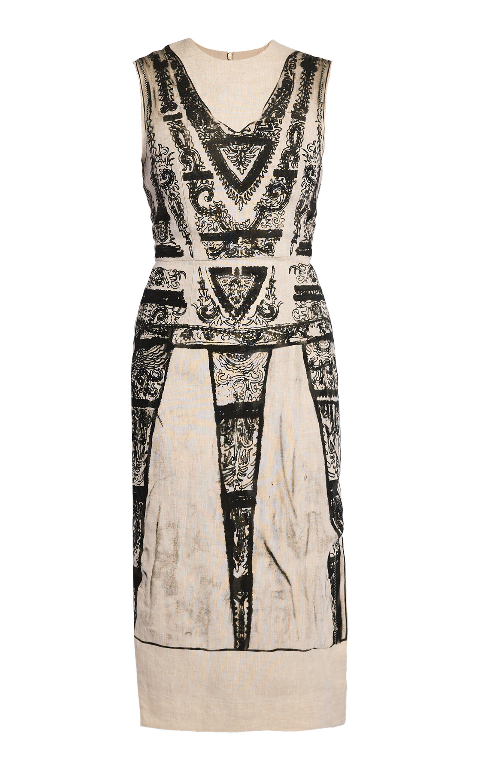 Erdem Printed Sleeveless Midi Pencil Linen Dress In Neutral