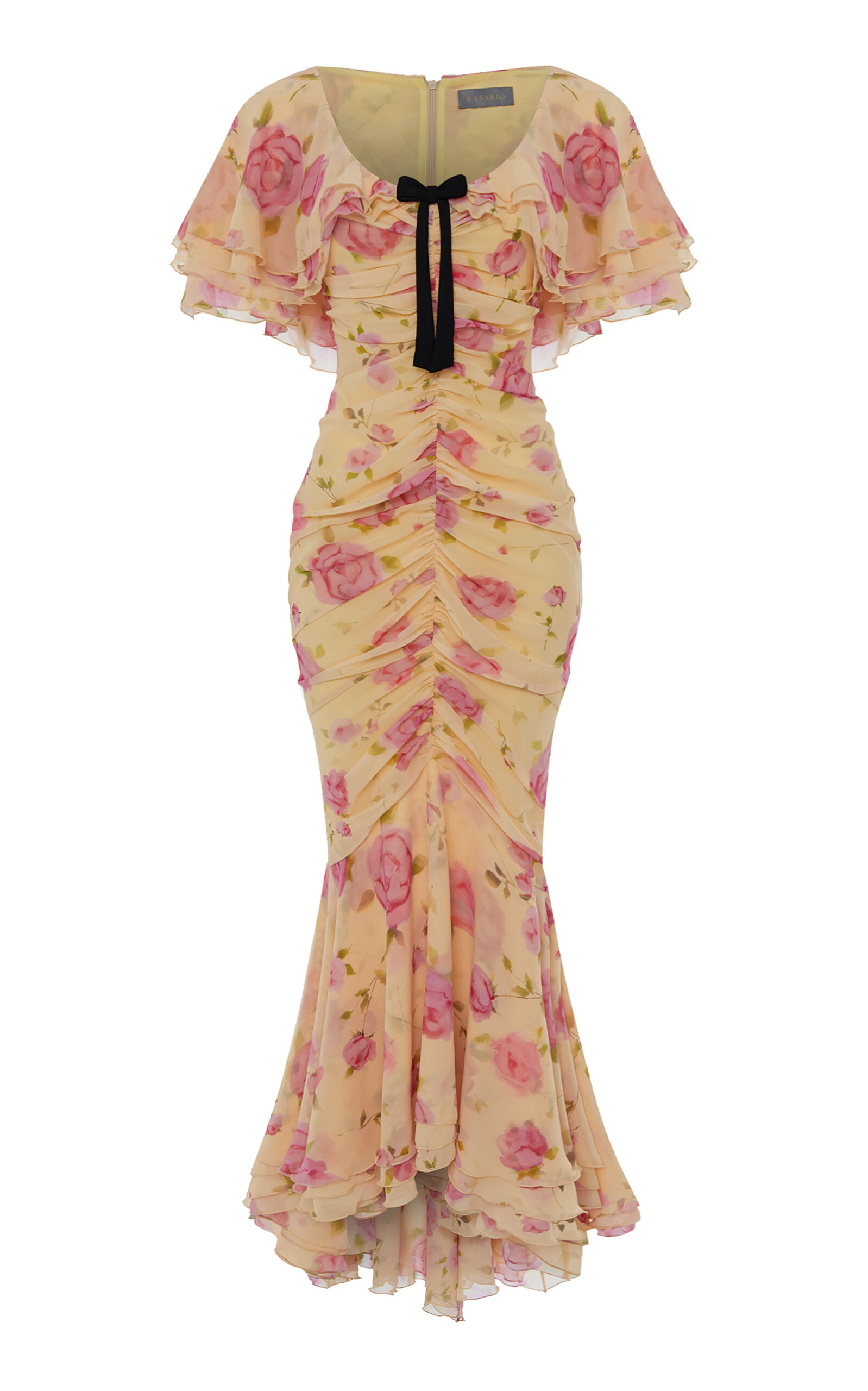 Rasario Ruched Floral Chiffon Maxi Dress - Yellow