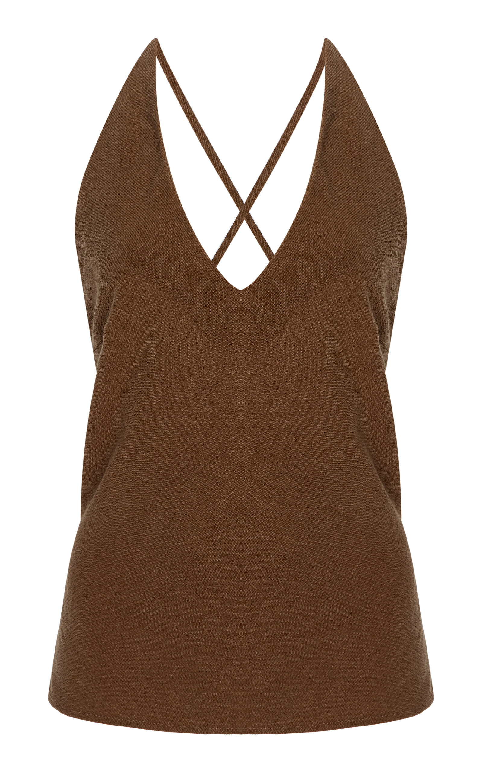 Anemos Plunging Bias-cut Linen-blend Top In Brown