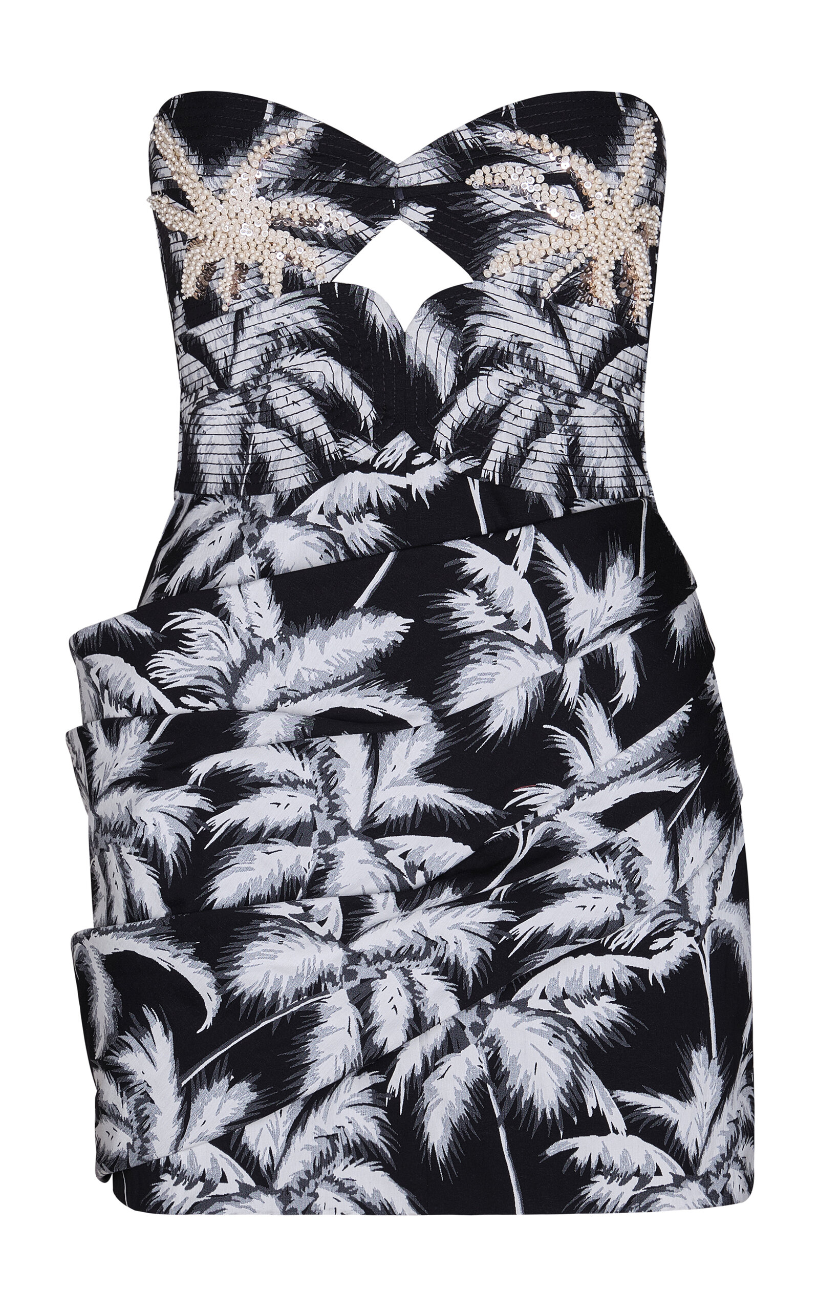 Johanna Ortiz Sombra Tropical Strapless Embellished Printed Cotton-blend Mini Dress In Black