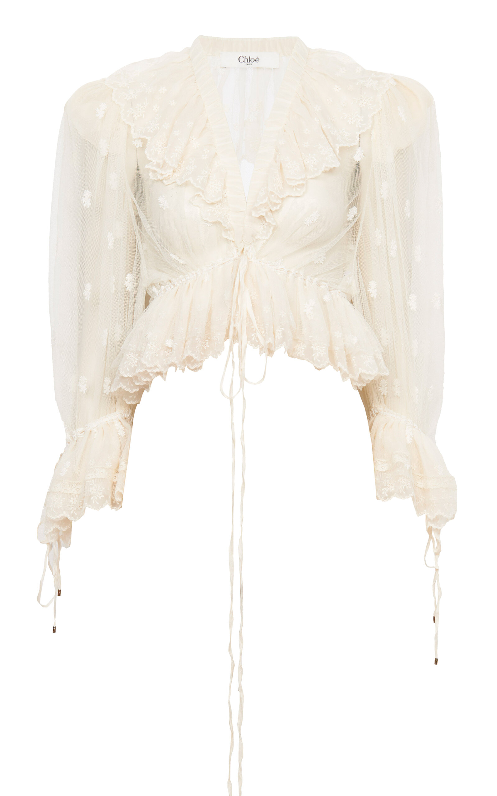 CHLOÉ RUFFLED EMBROIDERED LACE TOP
