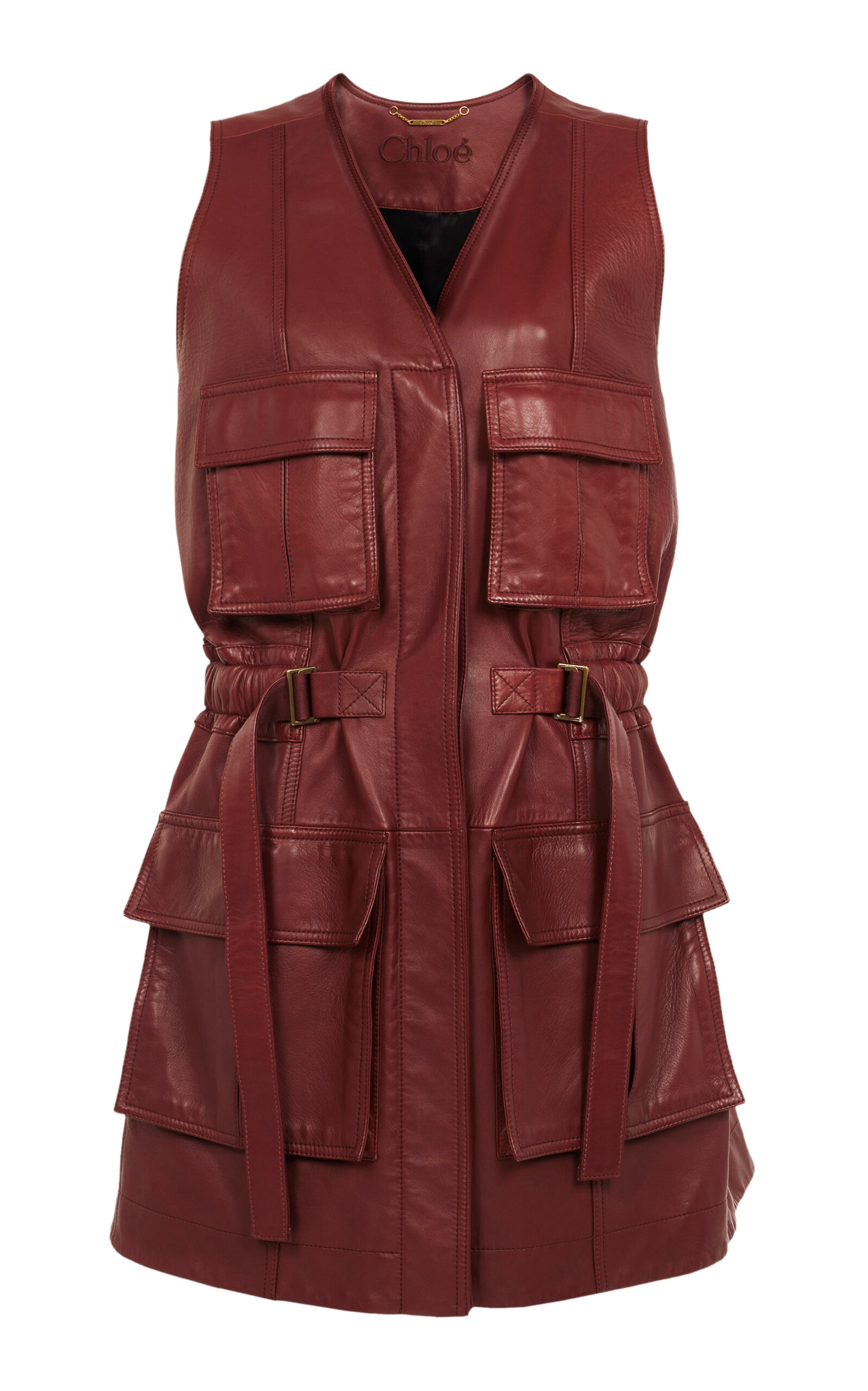 Shop Chloé Oversized Plonge Leather Utility Vest In Burgundy