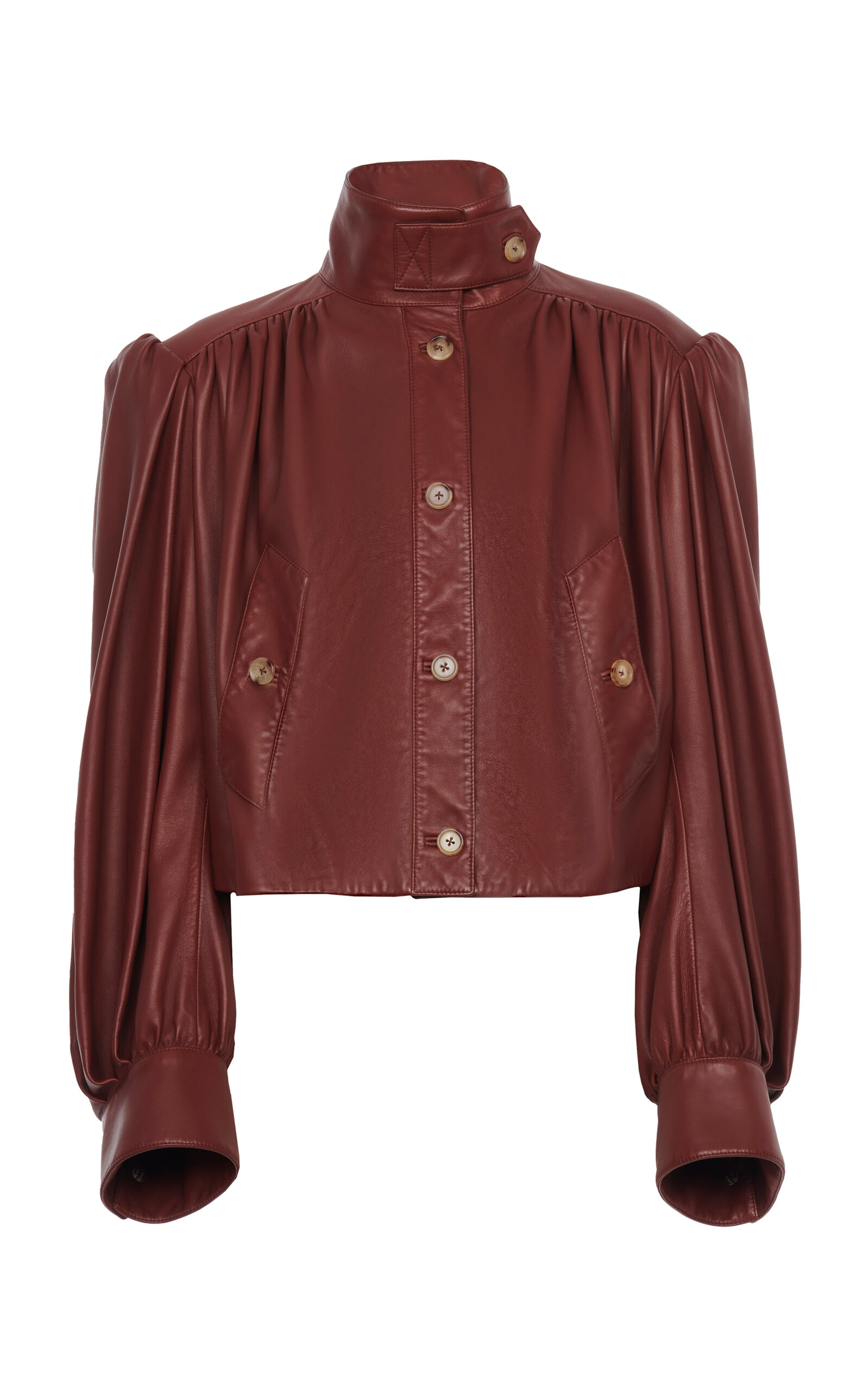 Chloé Puff-sleeve Plonge Leather Cropped Jacket In Burgundy