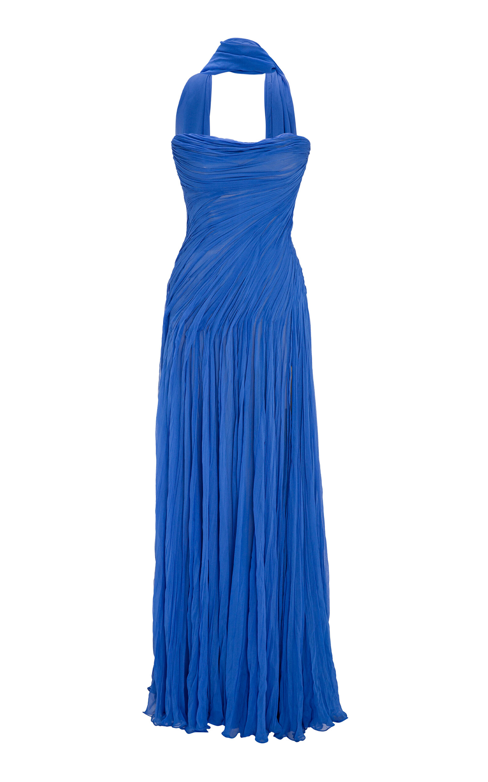 Marmar Halim Scarf-detail Hand-Pleated Silk Gown - Blue