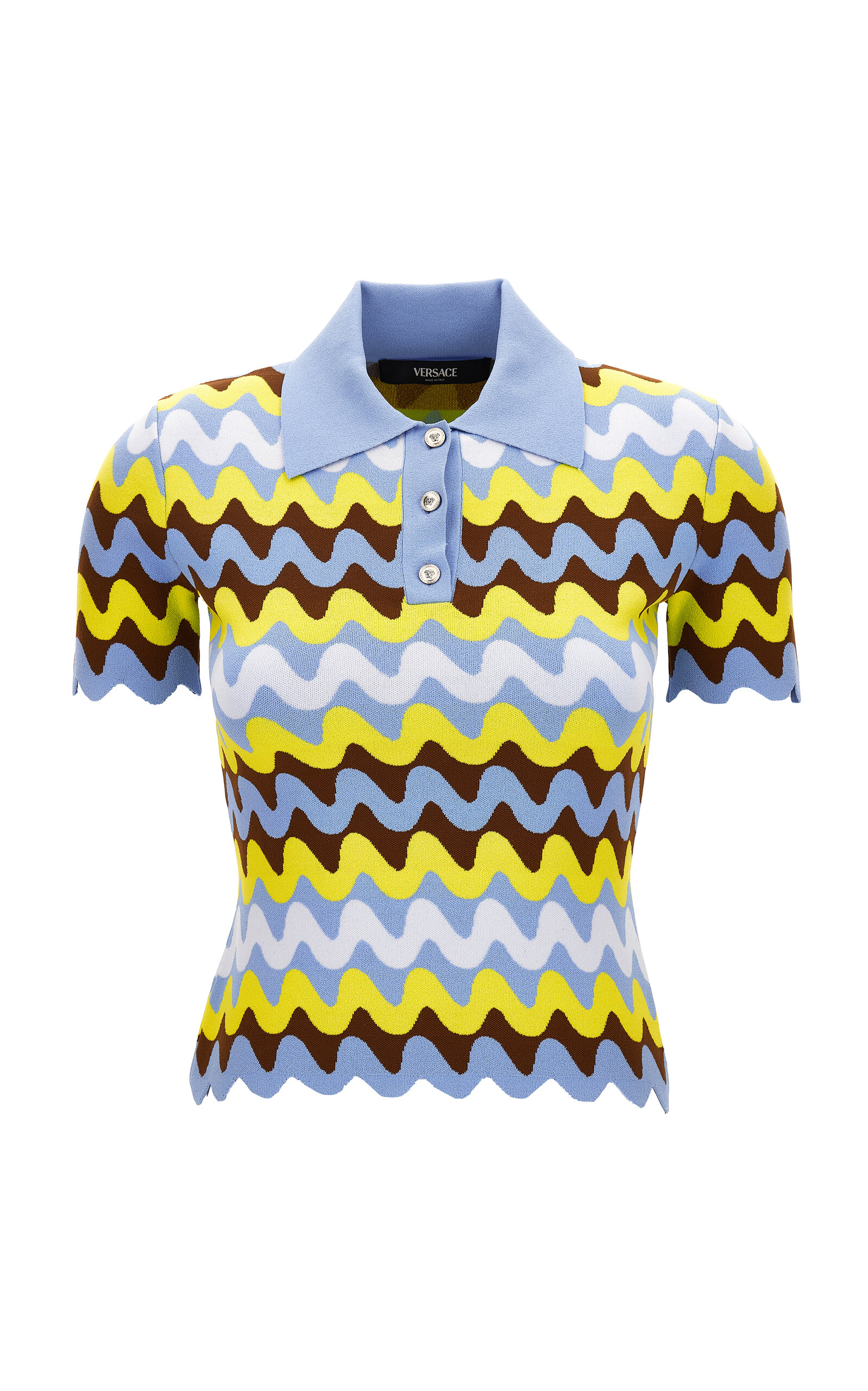 Versace Patterned Jacquard Knit Polo Sweater In Light Blue
