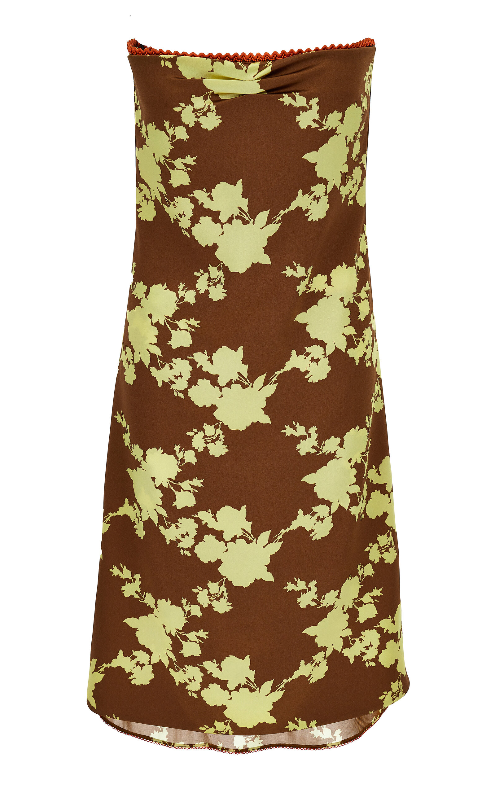Versace Floral Strapless Silk Satin Knee-length Dress In Brown