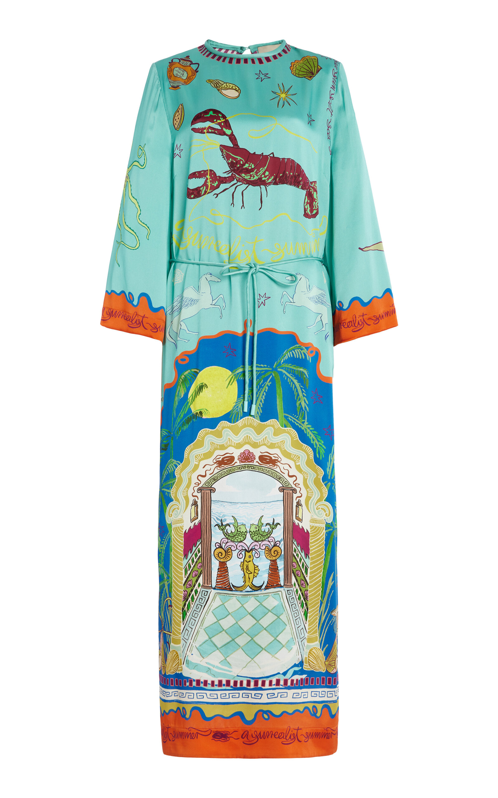 Alemais Surrealist Summer Silk Satin Midi Dress In Multi