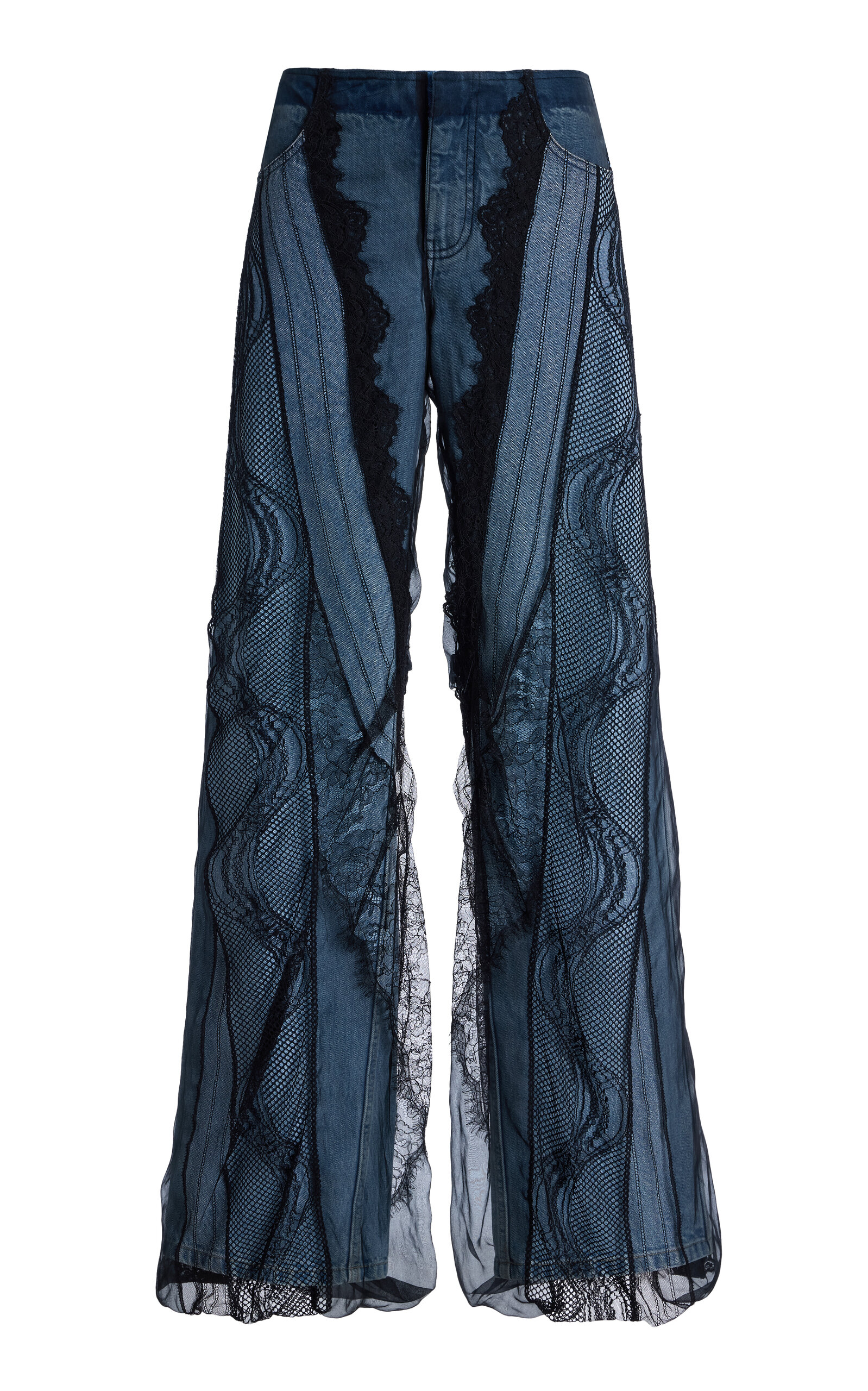 Lace-Paneled Rigid Low-Rise Wide-Leg Jeans