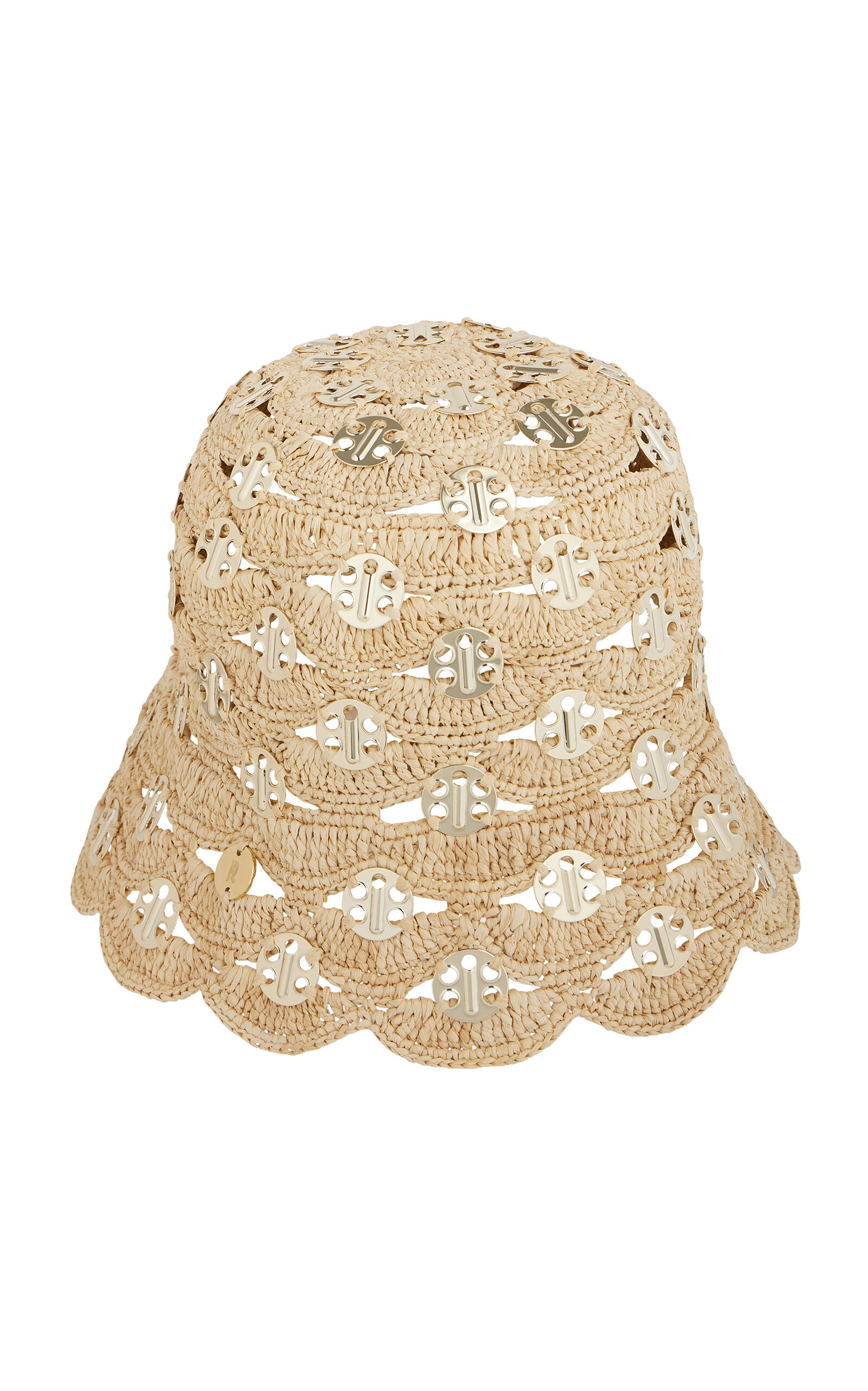 Rabanne Embellished Scalloped Crocheted Raffia Bucket Hat In Gold