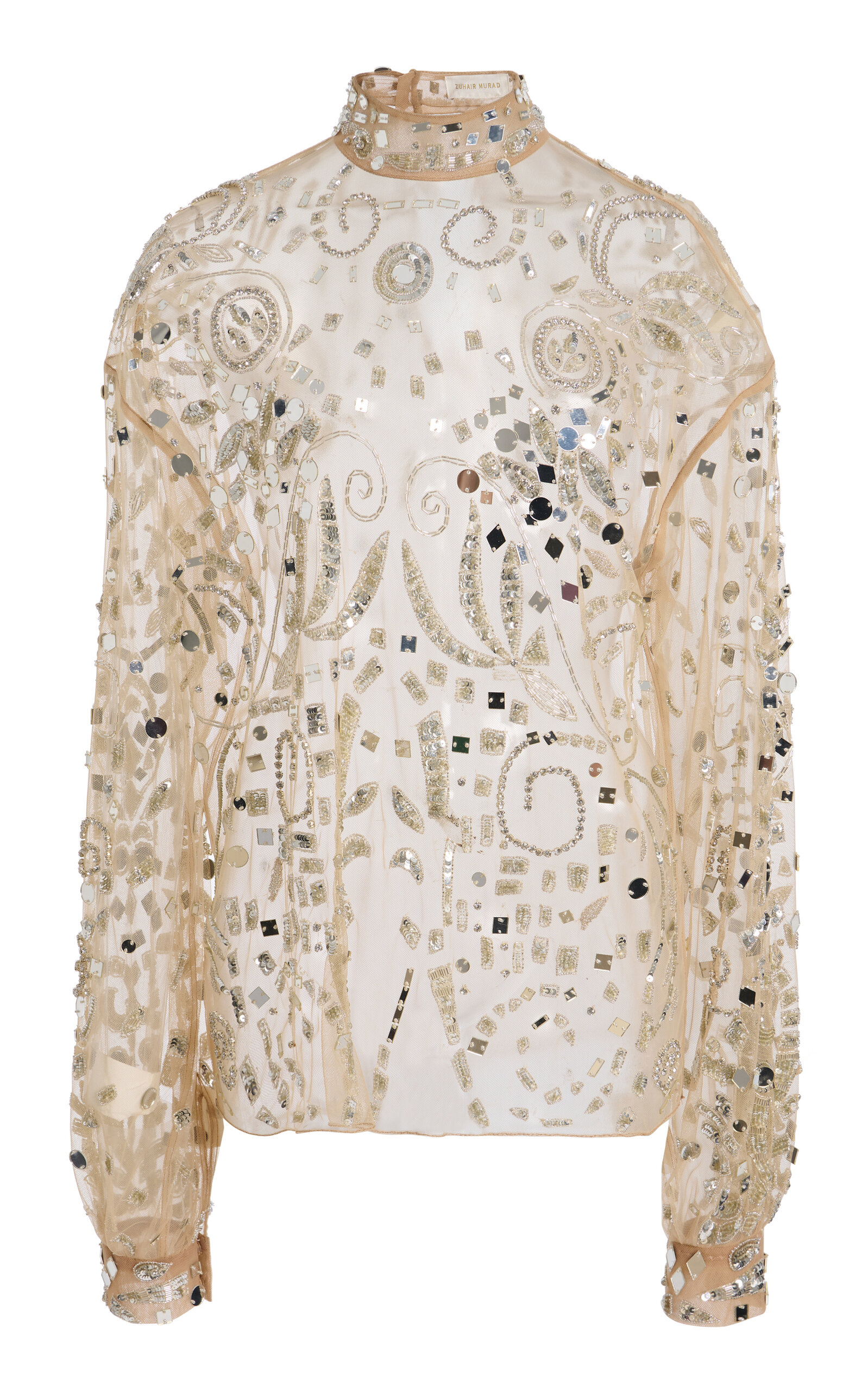 Zuhair Murad Sheer Embellished Long Sleeve High Neck Blouse