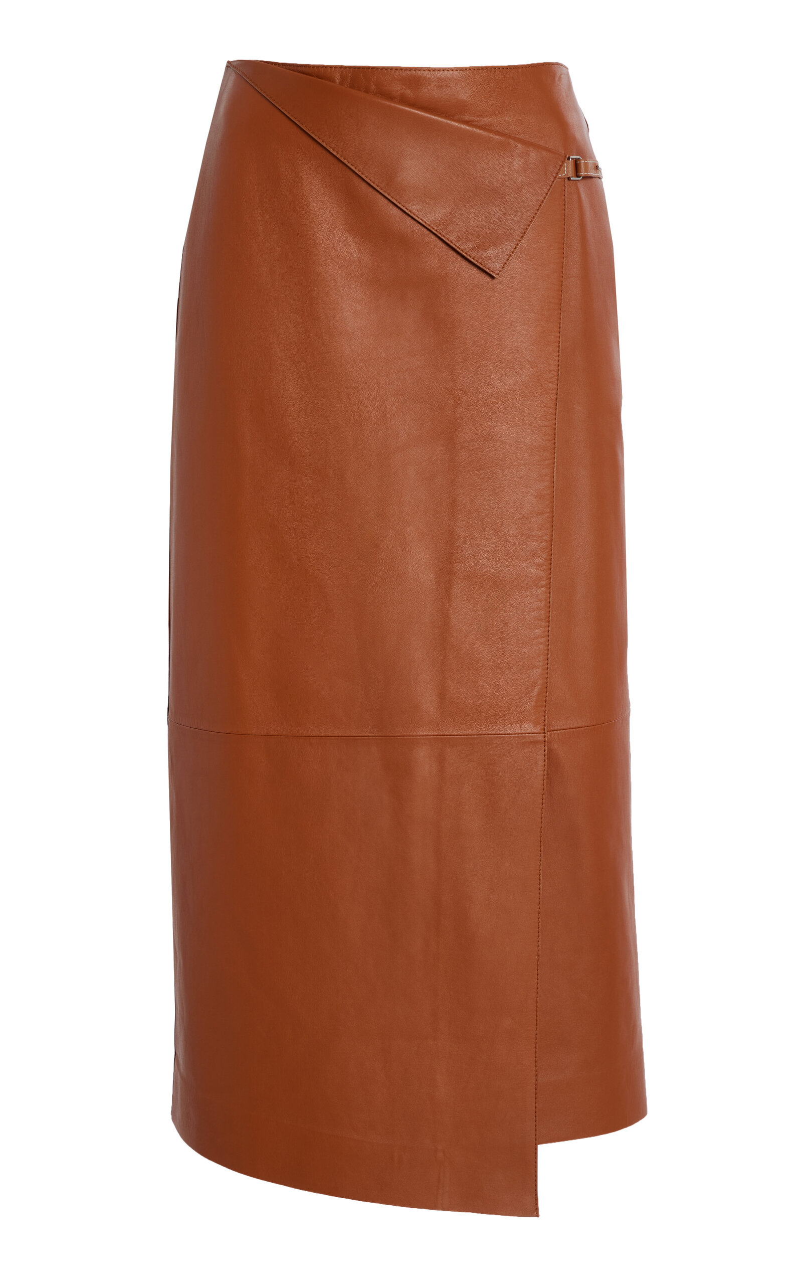 Lafayette 148 Leather Overlap Midi Skirt - Brown