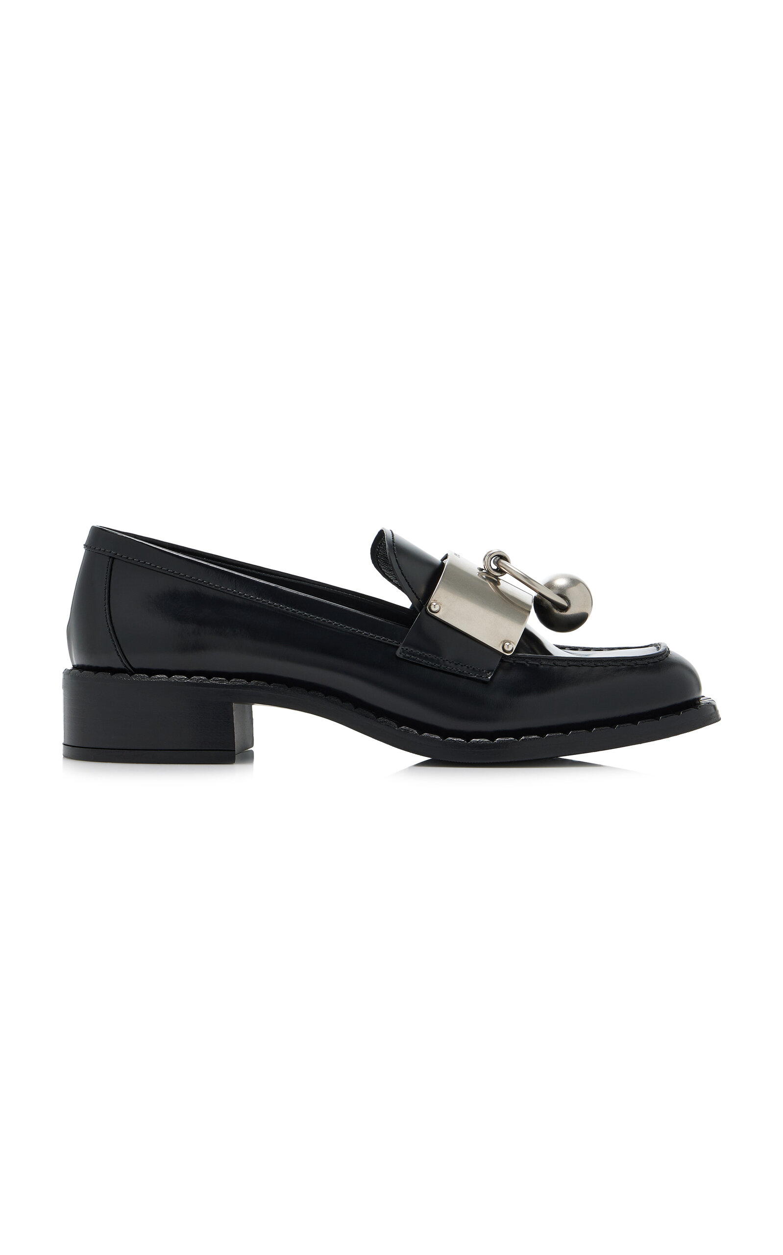 Prada Leather Loafers With Block Heel And Metallic Detail