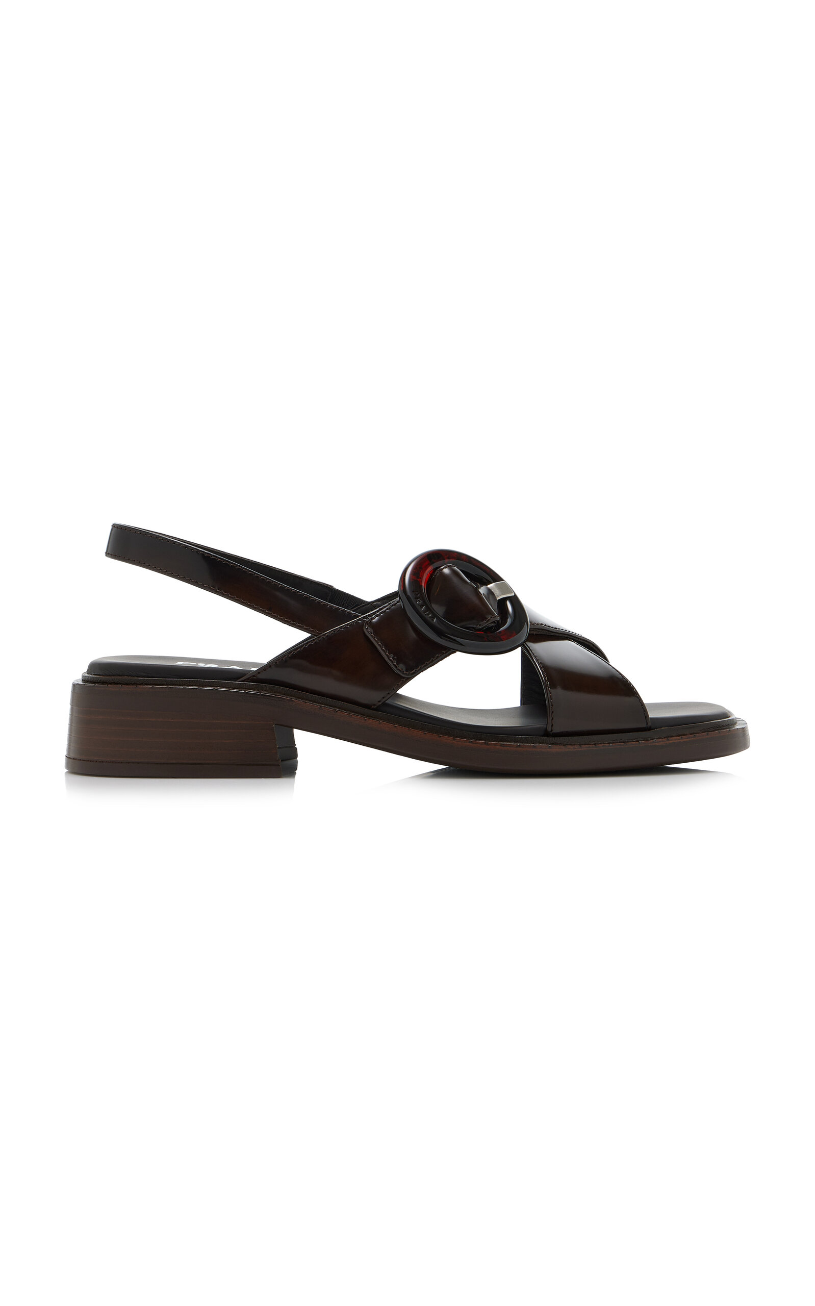 Prada Brushed Leather Crisscross Band Sandals With Plexiglas Buckle